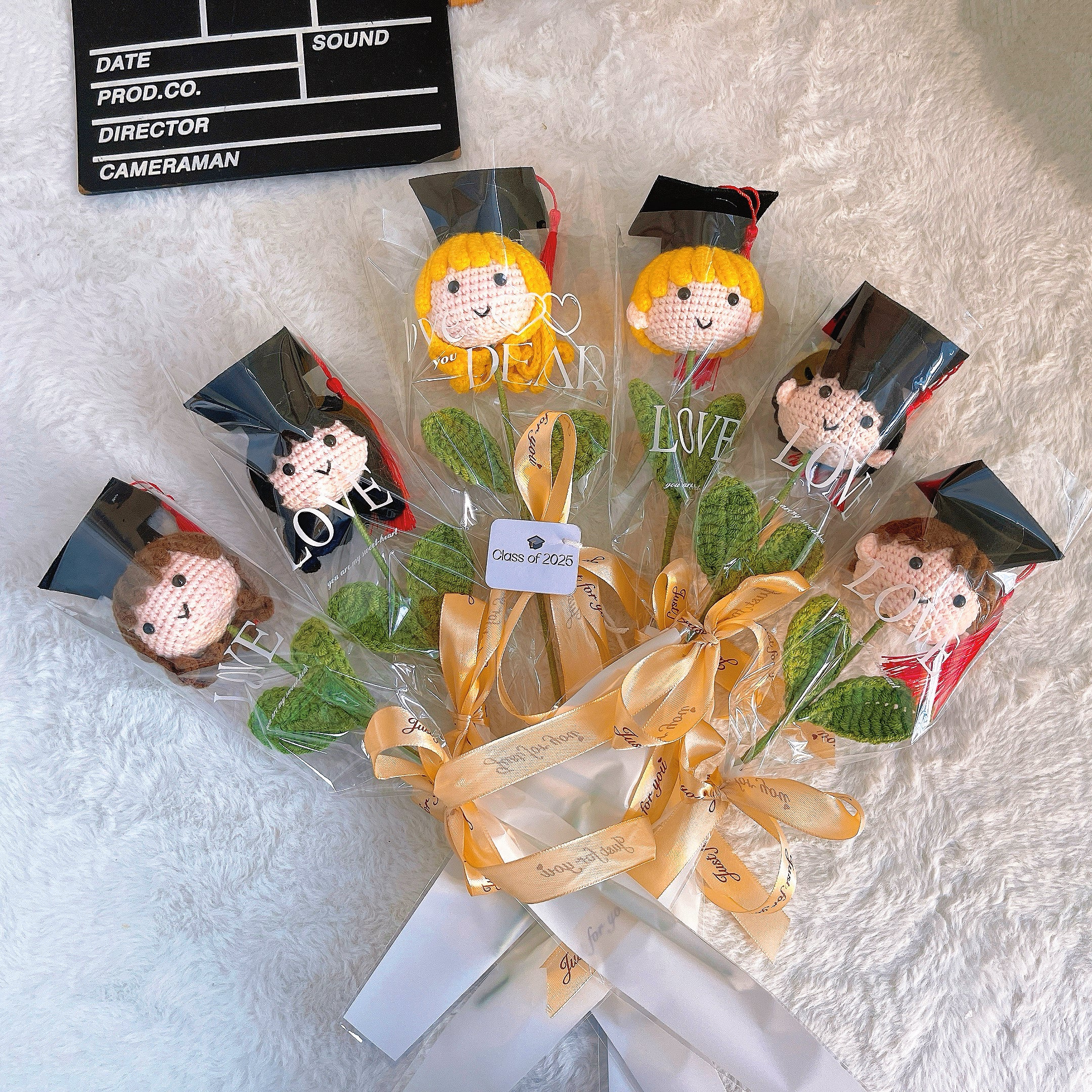 Customizable Crochet Graduation Doll Flower Mini Bouquet - Pride Graduate Customizable Text with 3 Hair Colors, Customizable "Class of 2025" Card, Clear Wrap & Ribbon - Hypoallergenic Gift for Graduation, Teacher Appreciation & School Events