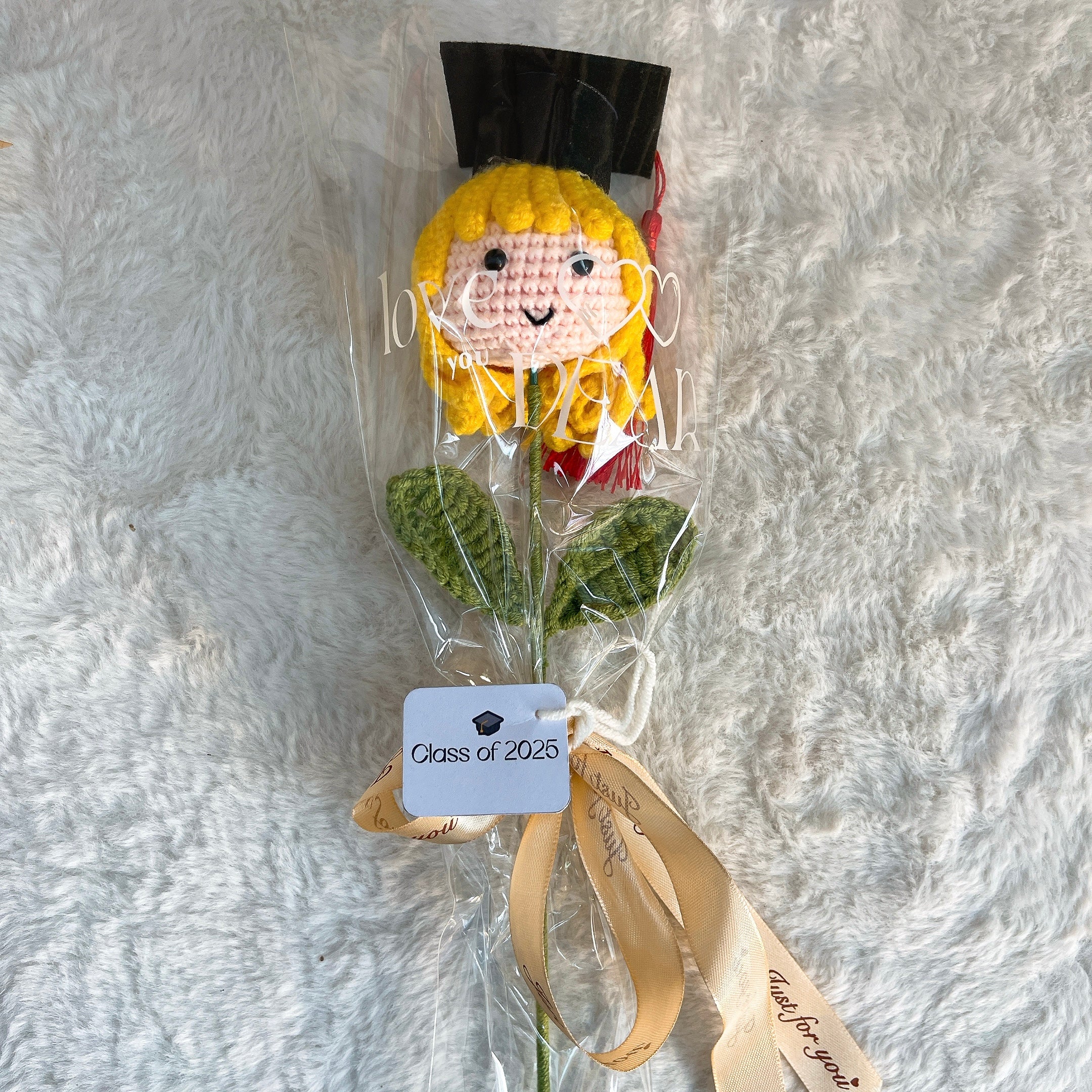 Customizable Crochet Graduation Doll Flower Mini Bouquet - Pride Graduate Customizable Text with 3 Hair Colors, Customizable "Class of 2025" Card, Clear Wrap & Ribbon - Hypoallergenic Gift for Graduation, Teacher Appreciation & School Events