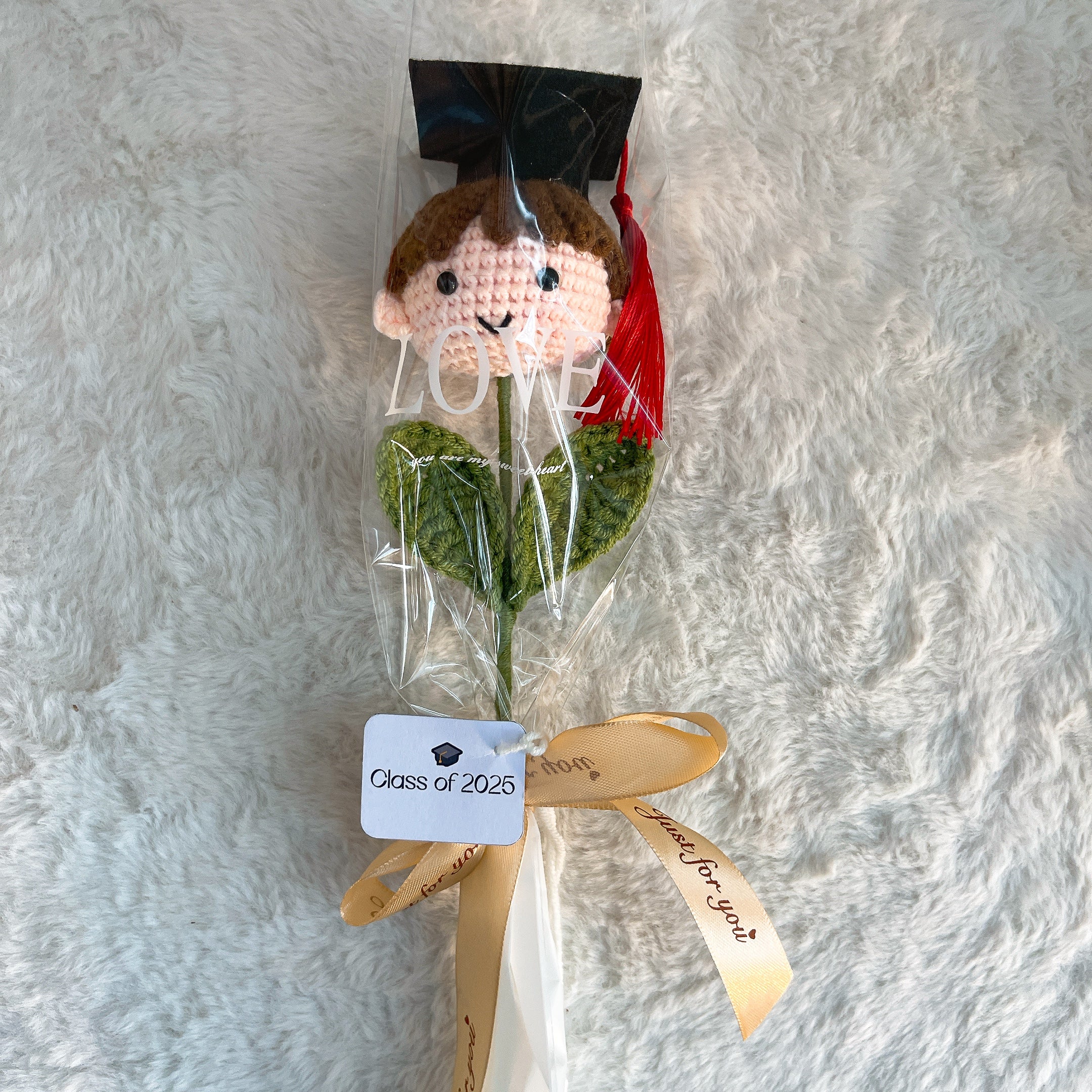 Customizable Crochet Graduation Doll Flower Mini Bouquet - Pride Graduate Customizable Text with 3 Hair Colors, Customizable "Class of 2025" Card, Clear Wrap & Ribbon - Hypoallergenic Gift for Graduation, Teacher Appreciation & School Events