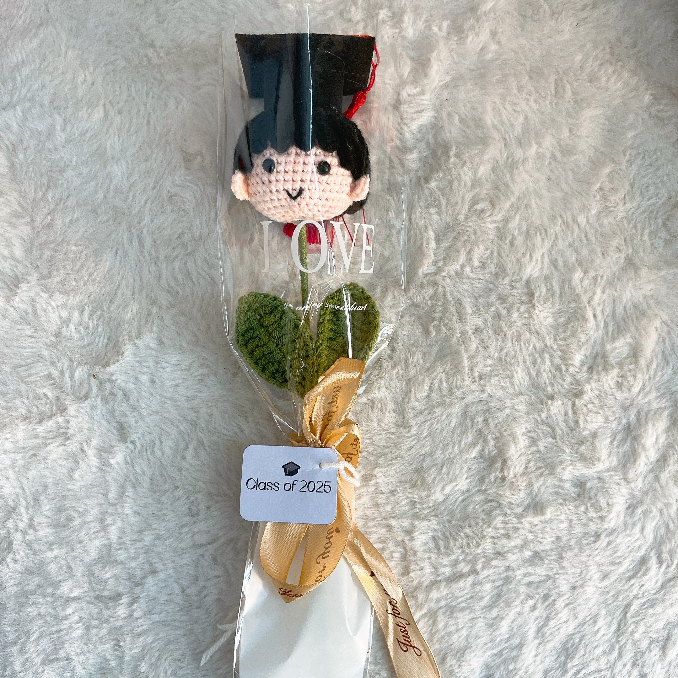 Customizable Crochet Graduation Doll Flower Mini Bouquet - Pride Graduate Customizable Text with 3 Hair Colors, Customizable "Class of 2025" Card, Clear Wrap & Ribbon - Hypoallergenic Gift for Graduation, Teacher Appreciation & School Events