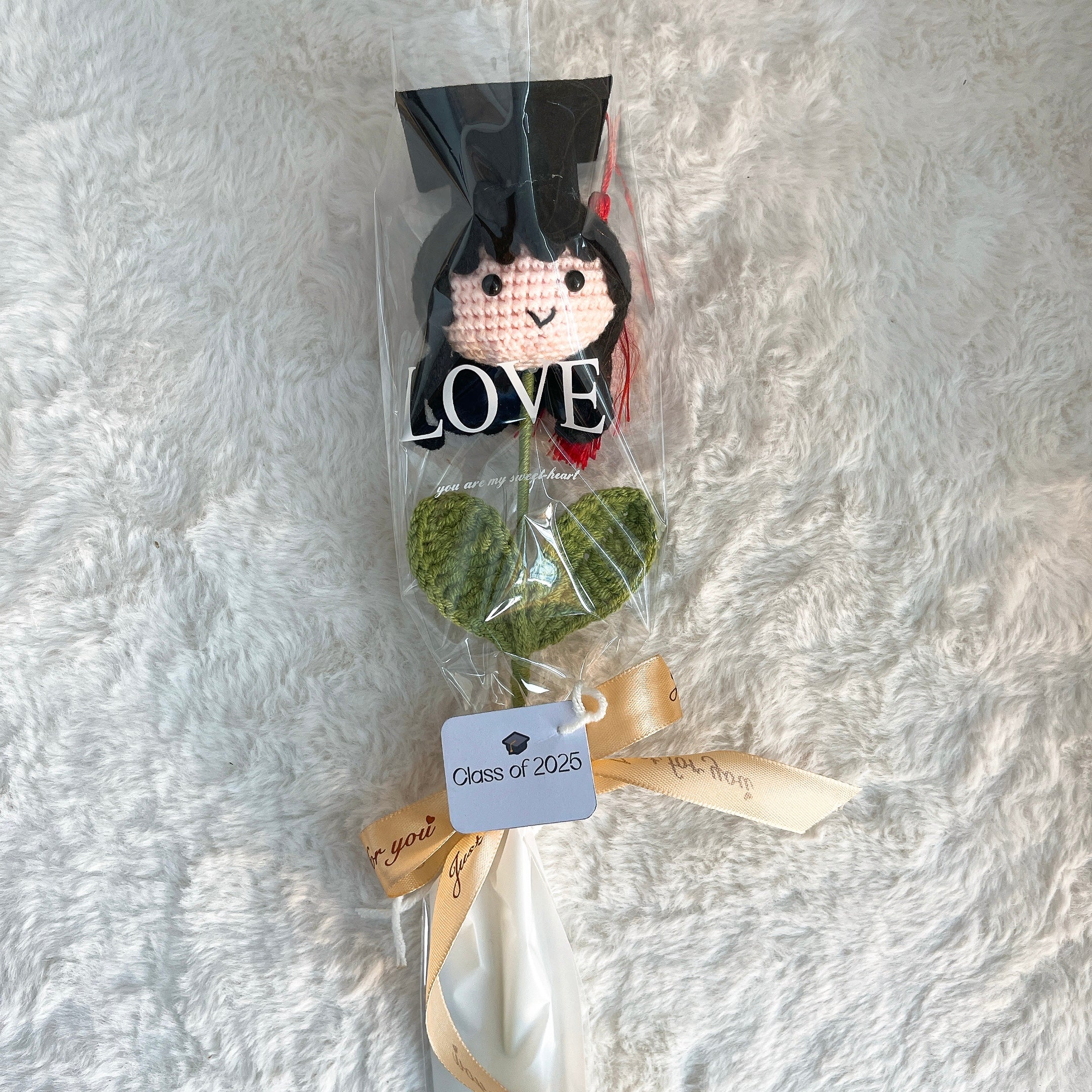 Customizable Crochet Graduation Doll Flower Mini Bouquet - Pride Graduate Customizable Text with 3 Hair Colors, Customizable "Class of 2025" Card, Clear Wrap & Ribbon - Hypoallergenic Gift for Graduation, Teacher Appreciation & School Events