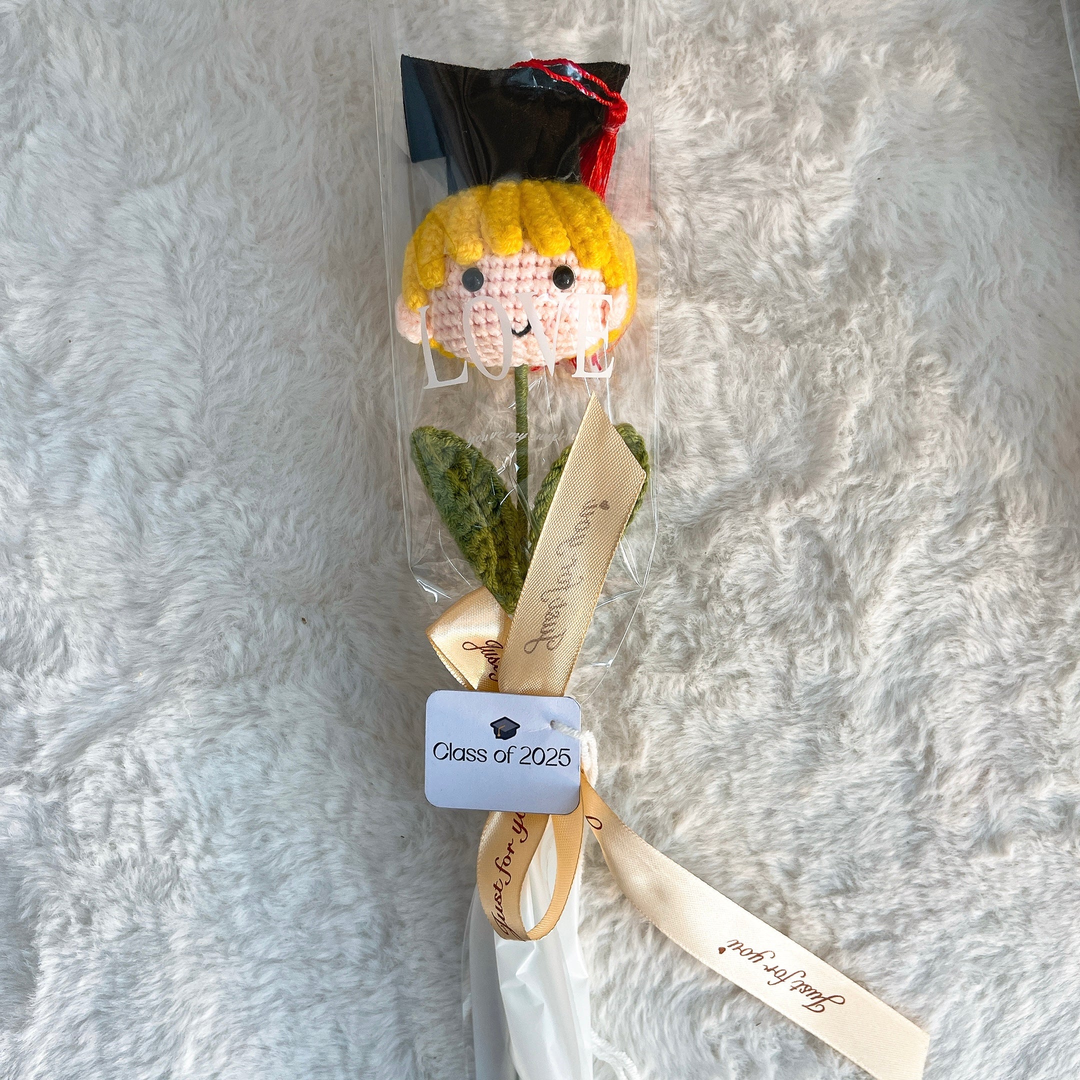Customizable Crochet Graduation Doll Flower Mini Bouquet - Pride Graduate Customizable Text with 3 Hair Colors, Customizable "Class of 2025" Card, Clear Wrap & Ribbon - Hypoallergenic Gift for Graduation, Teacher Appreciation & School Events