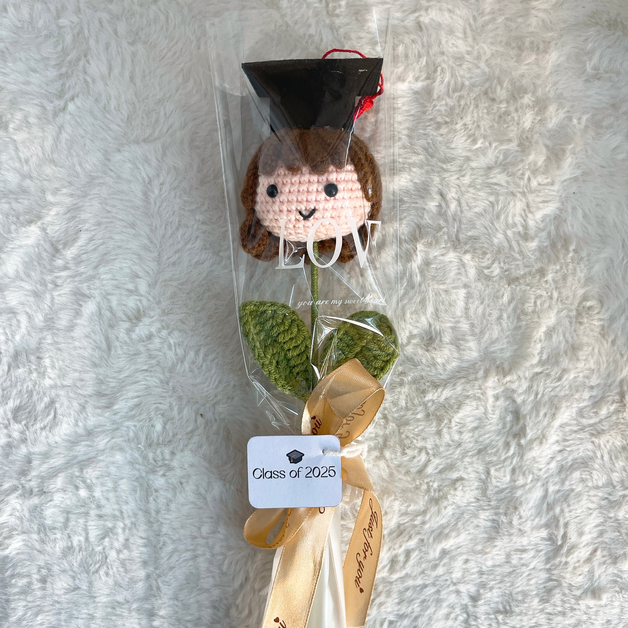 Customizable Crochet Graduation Doll Flower Mini Bouquet - Pride Graduate Customizable Text with 3 Hair Colors, Customizable "Class of 2025" Card, Clear Wrap & Ribbon - Hypoallergenic Gift for Graduation, Teacher Appreciation & School Events