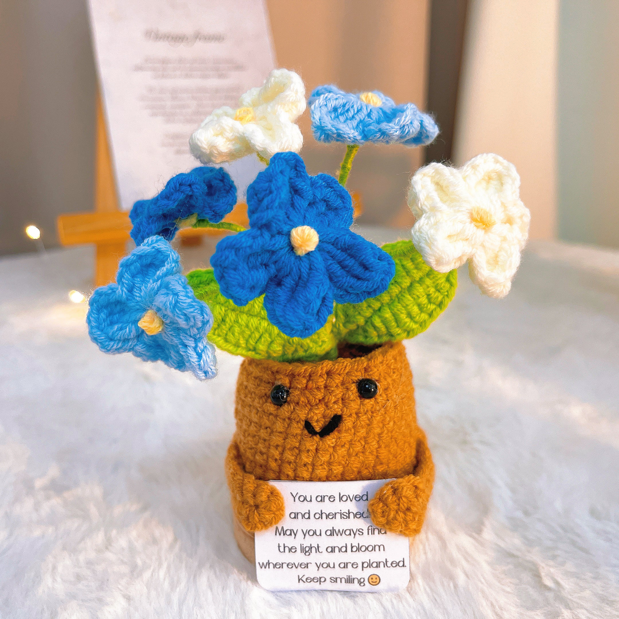 Handmade Crochet Flower Supportive Planter - Wooden Base with Smiling Face, Custom Message Card Roses, Forget-Me-Nots , Sunflower- Hypoallergenic Gift for Valentine's, Mother's Day & Housewarming