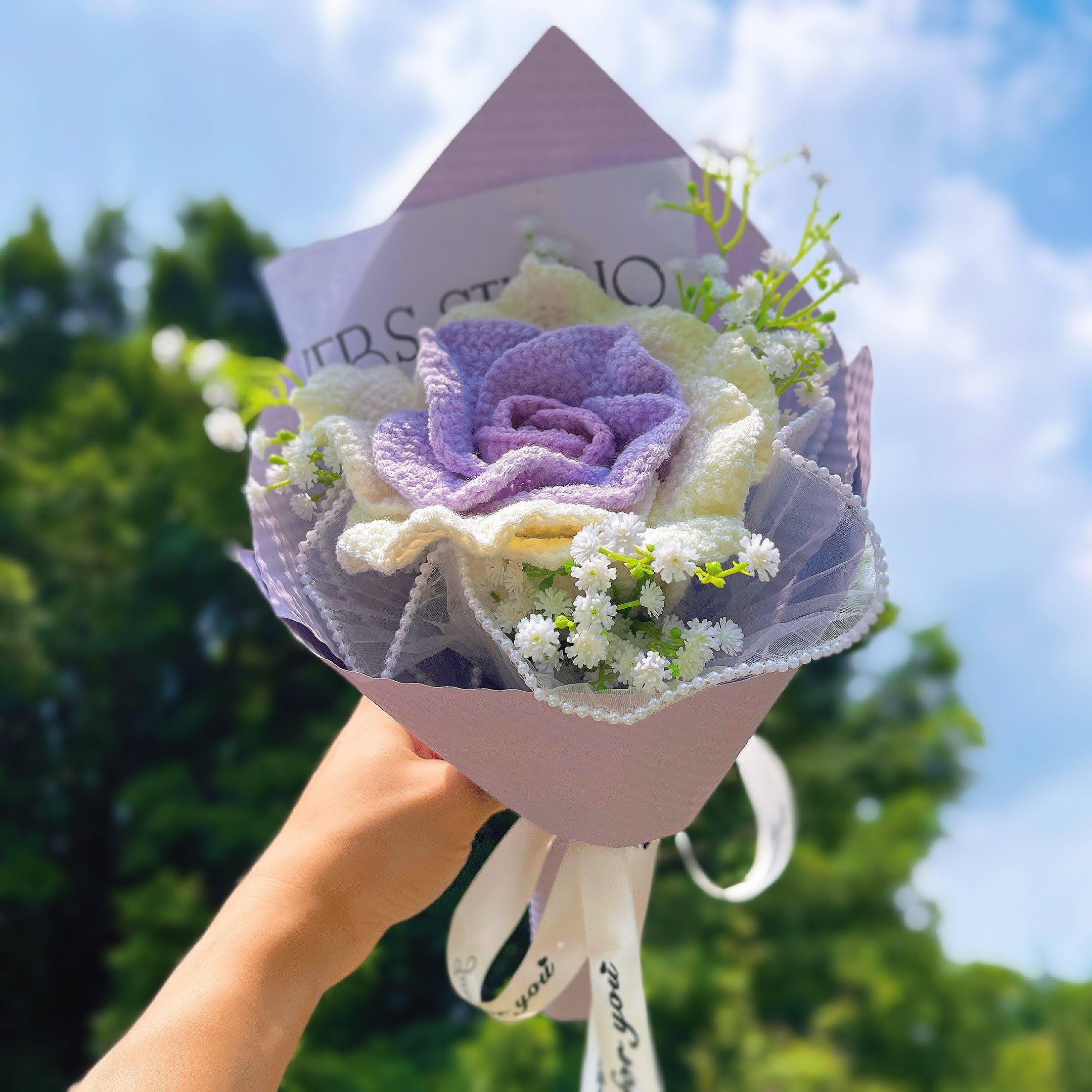 June Birth Month Rose Bouquet - Handcrafted Hooked Single Stem Birthday Flower with Baby's Breath, National Flower Celebration
