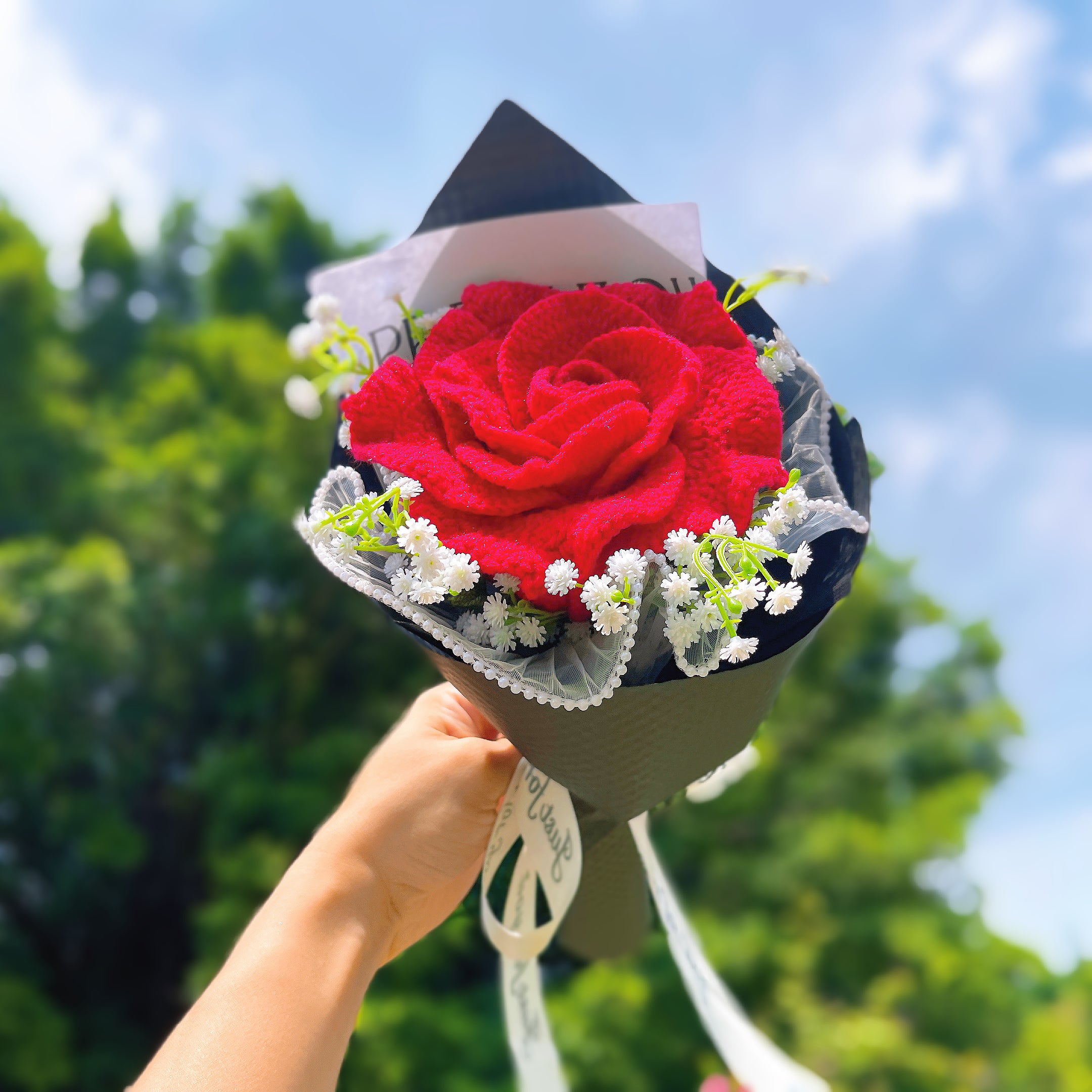 June Birth Month Rose Bouquet - Handcrafted Hooked Single Stem Birthday Flower with Baby's Breath, National Flower Celebration