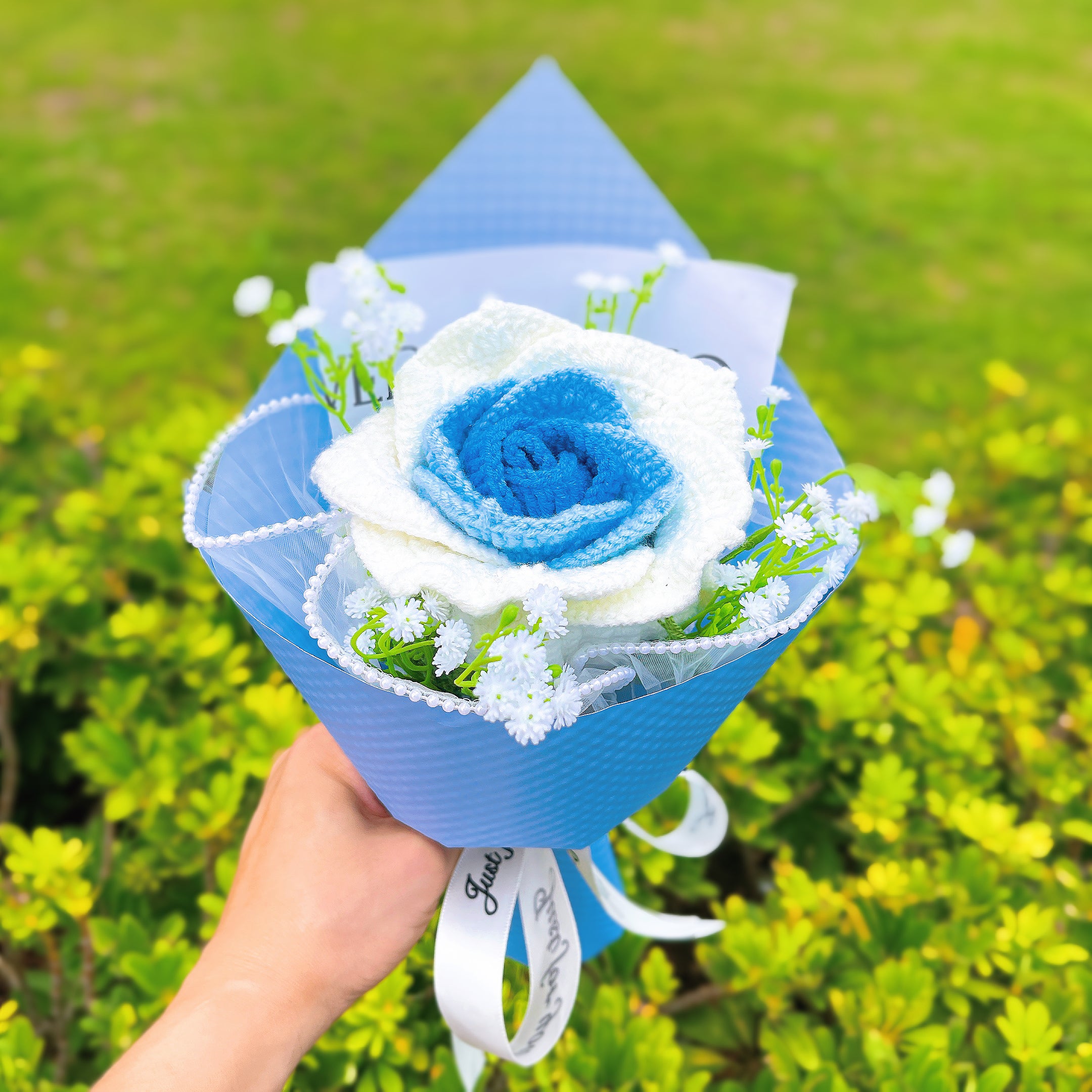 June Birth Month Rose Bouquet - Handcrafted Hooked Single Stem Birthday Flower with Baby's Breath, National Flower Celebration