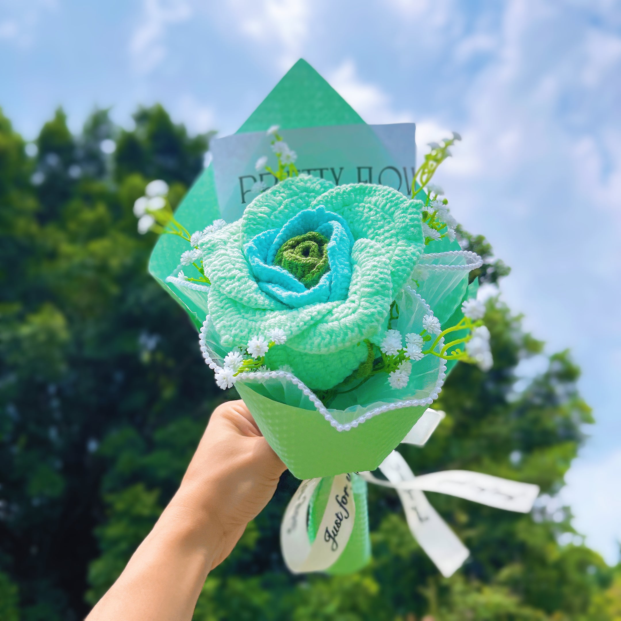 June Birth Month Rose Bouquet - Handcrafted Hooked Single Stem Birthday Flower with Baby's Breath, National Flower Celebration