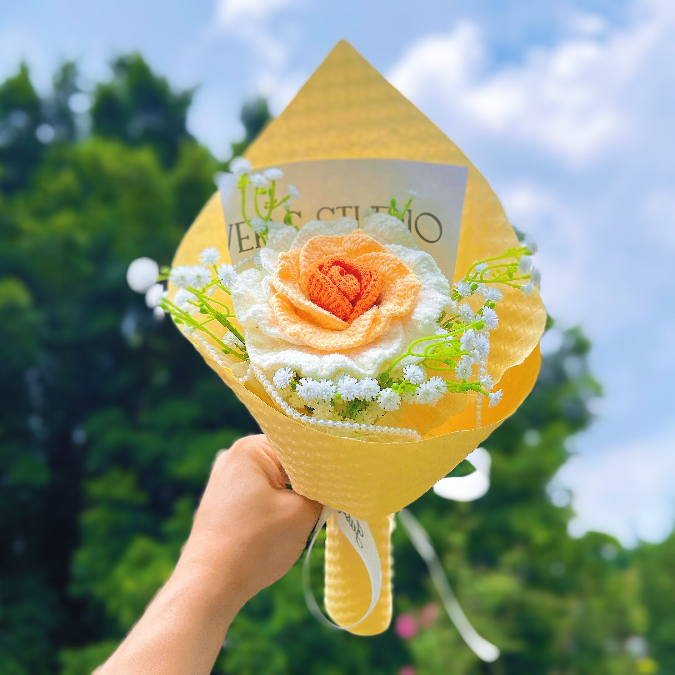 June Birth Month Rose Bouquet - Handcrafted Hooked Single Stem Birthday Flower with Baby's Breath, National Flower Celebration