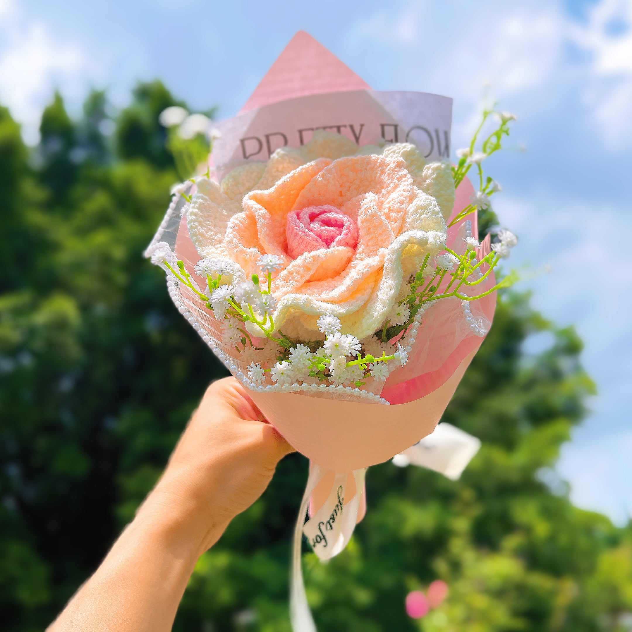June Birth Month Rose Bouquet - Handcrafted Hooked Single Stem Birthday Flower with Baby's Breath, National Flower Celebration