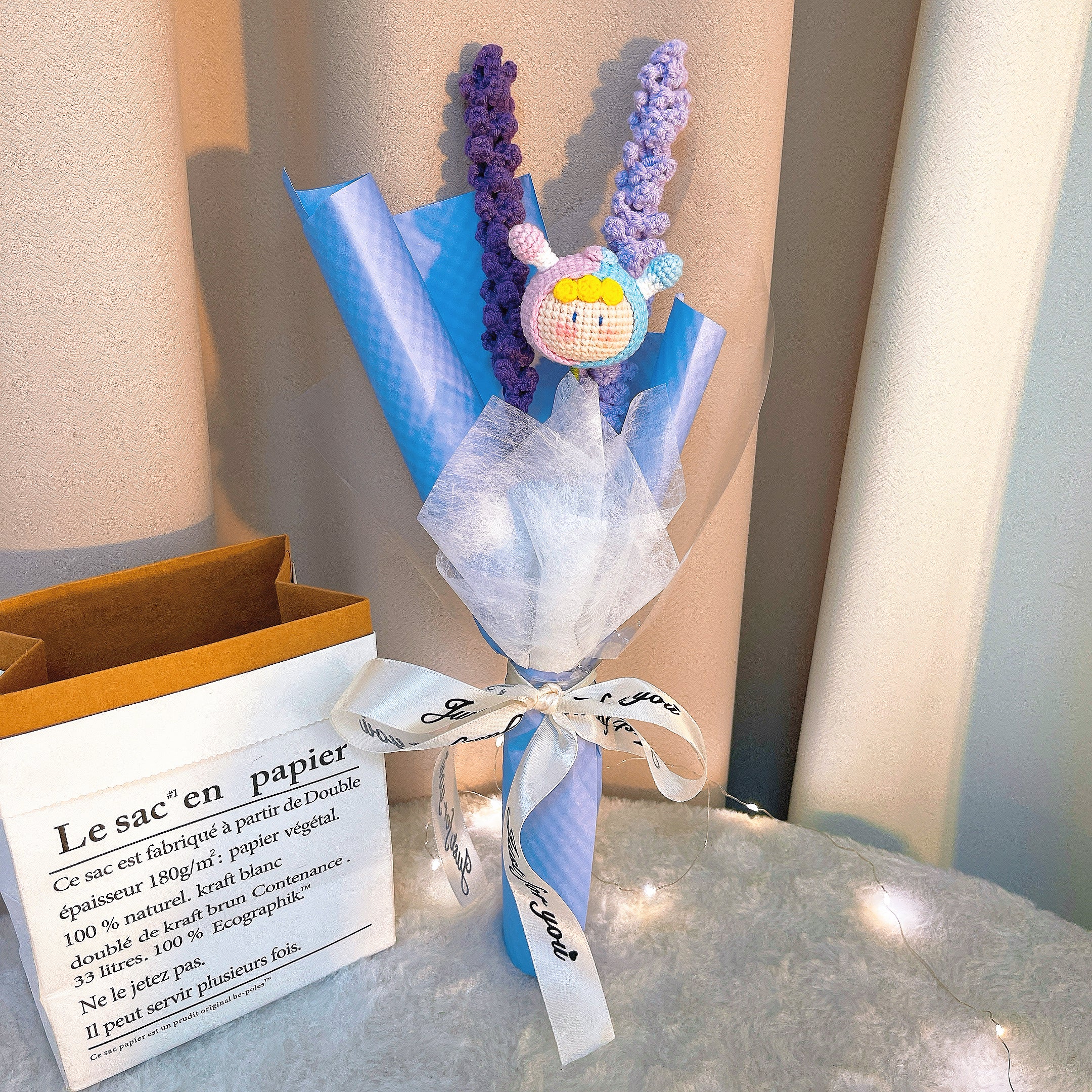 Crochet Gemini Zodiac Bouquet - Handmade Lavender Flowers with Twin Dolls - Hypoallergenic Floral Gift for Birthdays, Weddings
