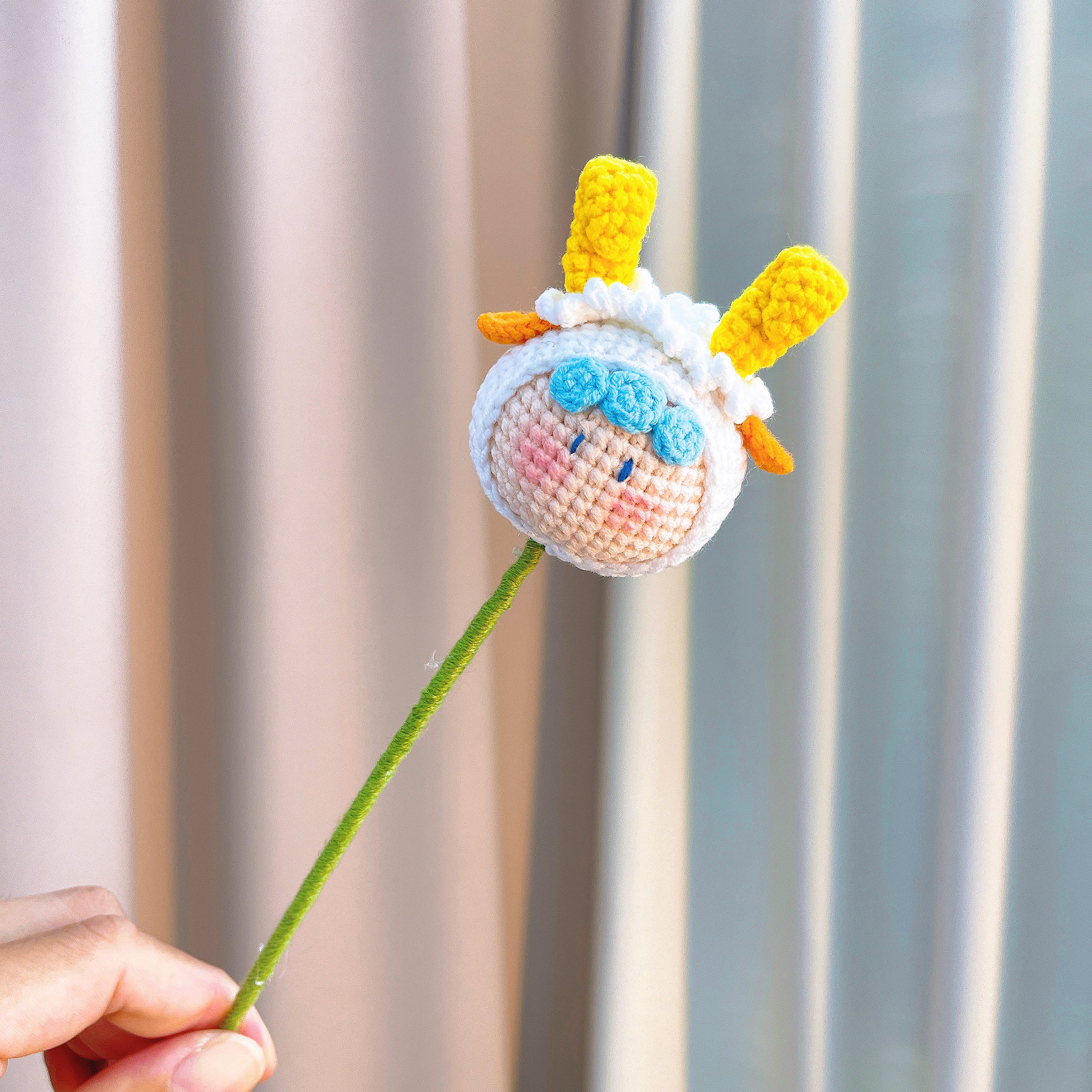 Crochet Aries Zodiac Flower Honeysuckle Bouquet - Handmade Hypoallergenic Floral Gift for Birthday, Mother’s Day, Wedding - Plush Aries Doll, White Gingham Wrapping