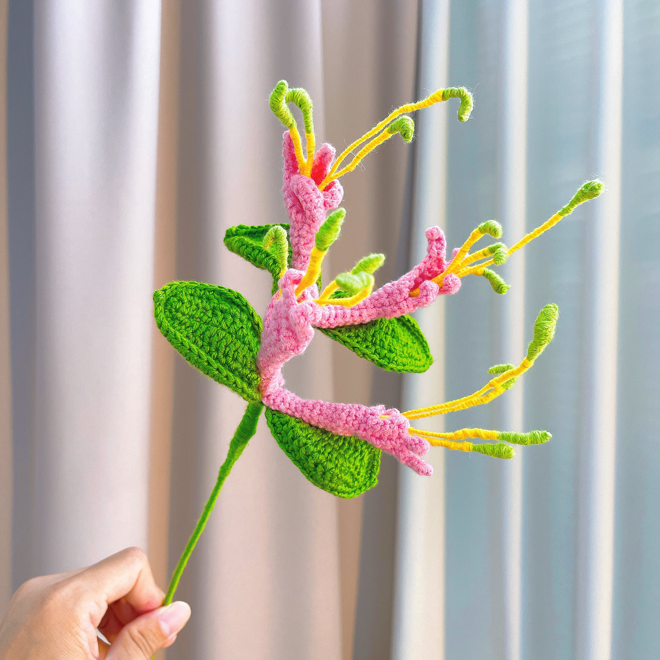 Crochet Aries Zodiac Flower Honeysuckle Bouquet - Handmade Hypoallergenic Floral Gift for Birthday, Mother’s Day, Wedding - Plush Aries Doll, White Gingham Wrapping