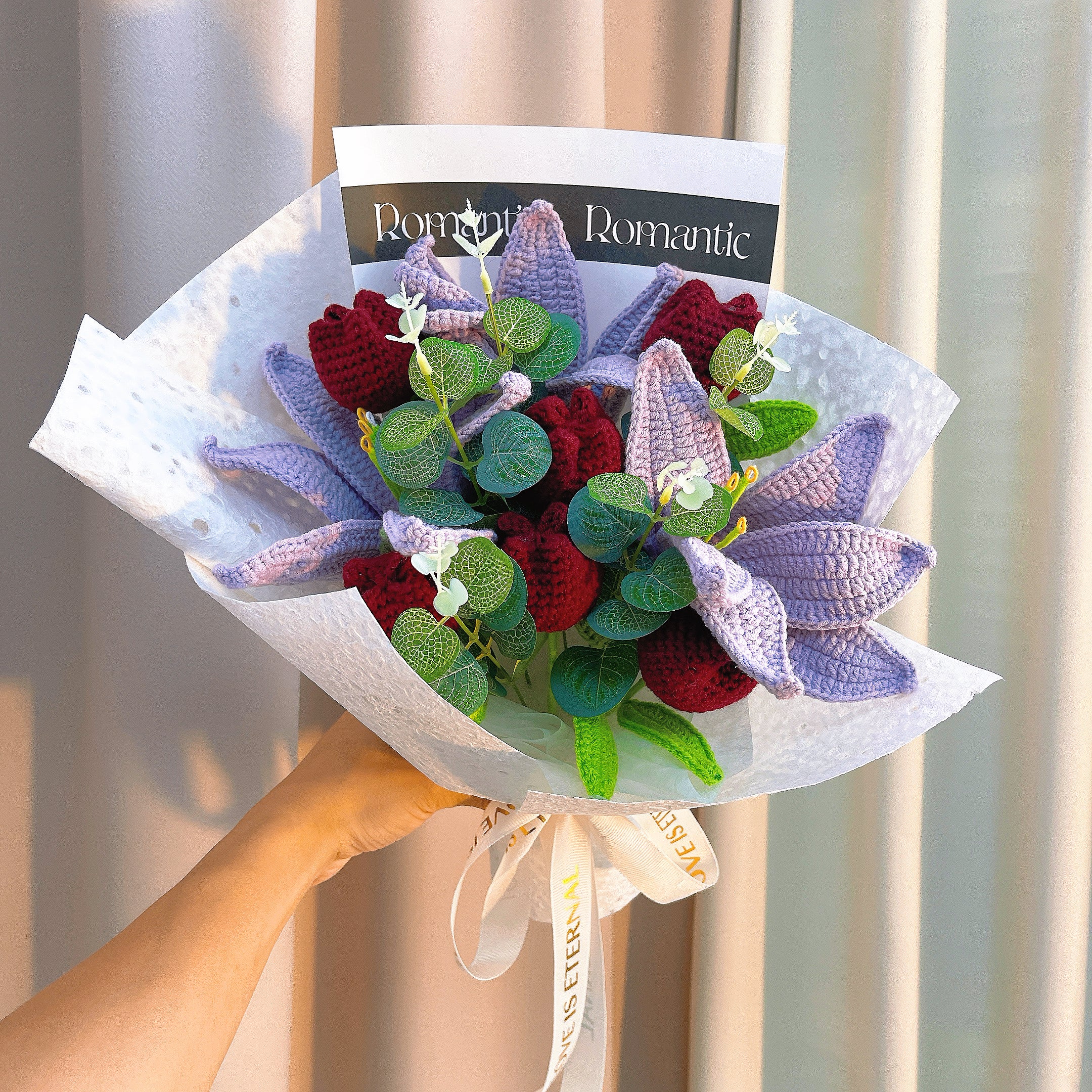 Everlasting Elegance Crochet Flower Bouquet - Handcrafted Purple Lilies & Burgundy Tulips - Hay-fever Hospital Visit Gift | Ideal Gift for Weddings, Birthdays, Anniversaries & Home Decor