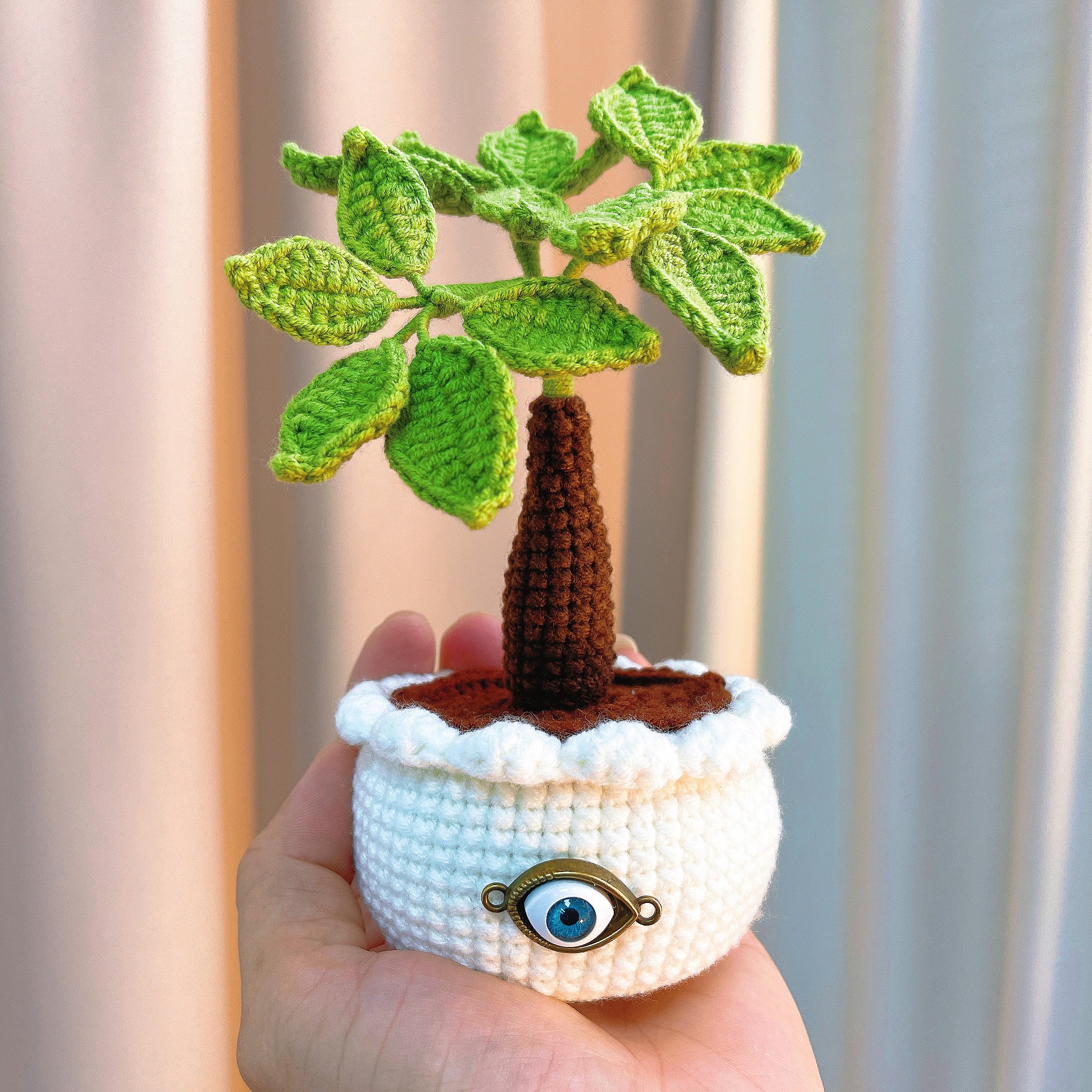 Handmade Crochet Money Tree Good Luck Nazar Eye Potted Plant - Perfect for Office Symbol of Wealth and Prosperity Feng Shui