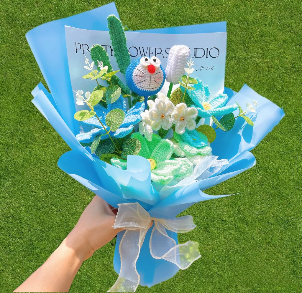 Handmade Crochet Future Cat Bouquet - Cosmos Roses Tulips Forget-Me-Nots - Customized Japanese Anime Allergy-Friendly Gift for Birthdays Anniversaries