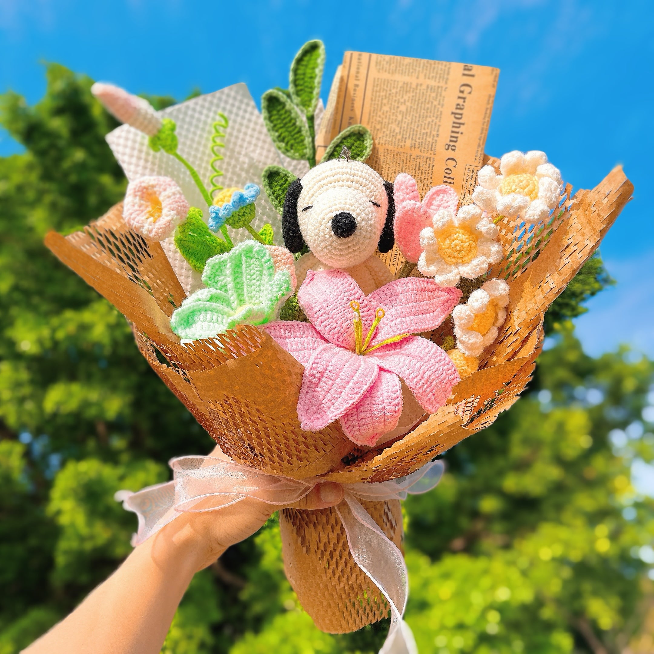 Handmade Crochet Doodle Dog Themed Flower Bouquet - Allergy-Friendly Gift, Morning Glory, Peanuts, Daisy, Yew, Lily, Gesang Flower, Tulip, and Daisy