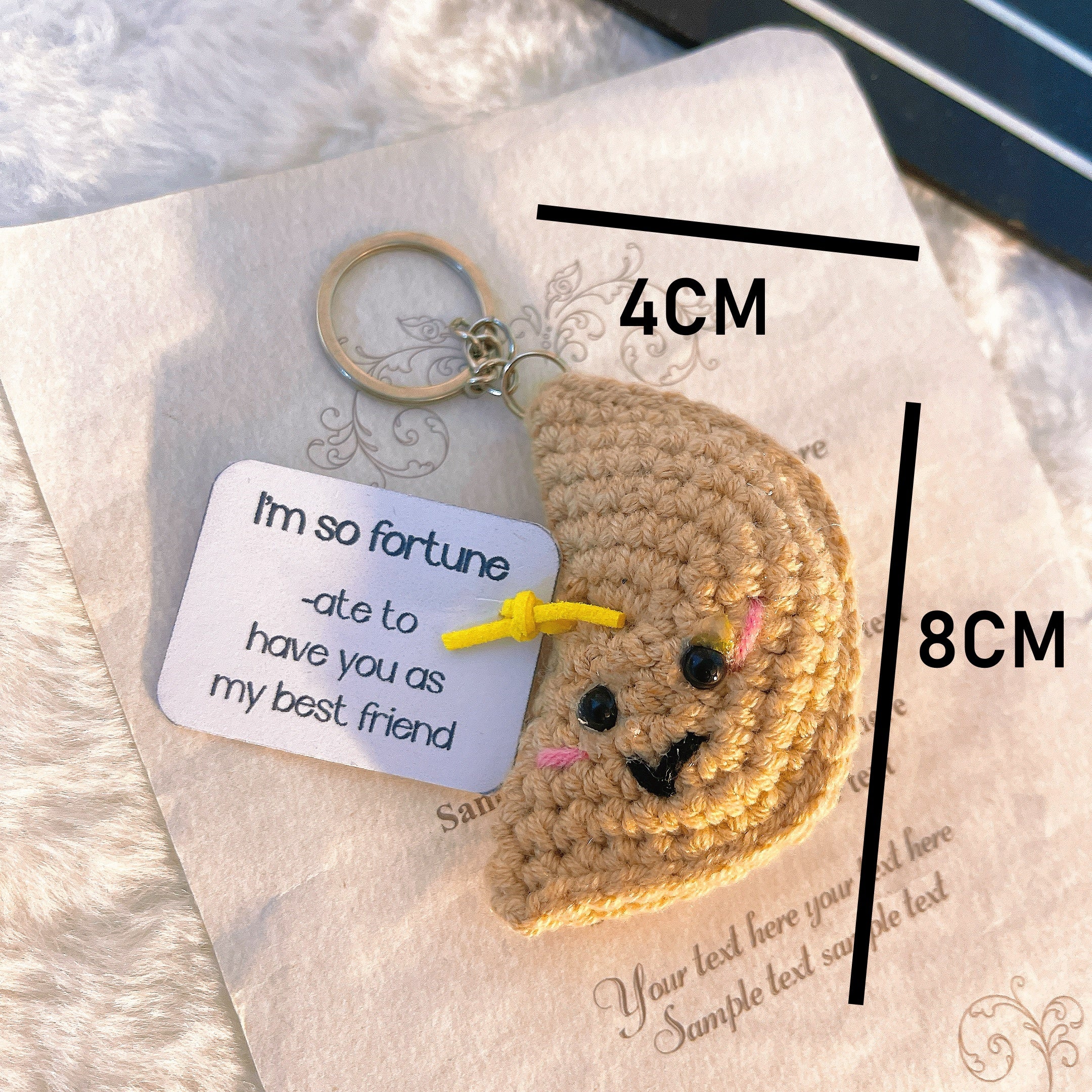 Lucky Fortune Cookie Keychain with Customizable Card - Handmade Crochet Uplifting Emotional Supportive Gift for Best Friend, Birthday, Coworker, Christmas Stuffers, and Special Occasions
