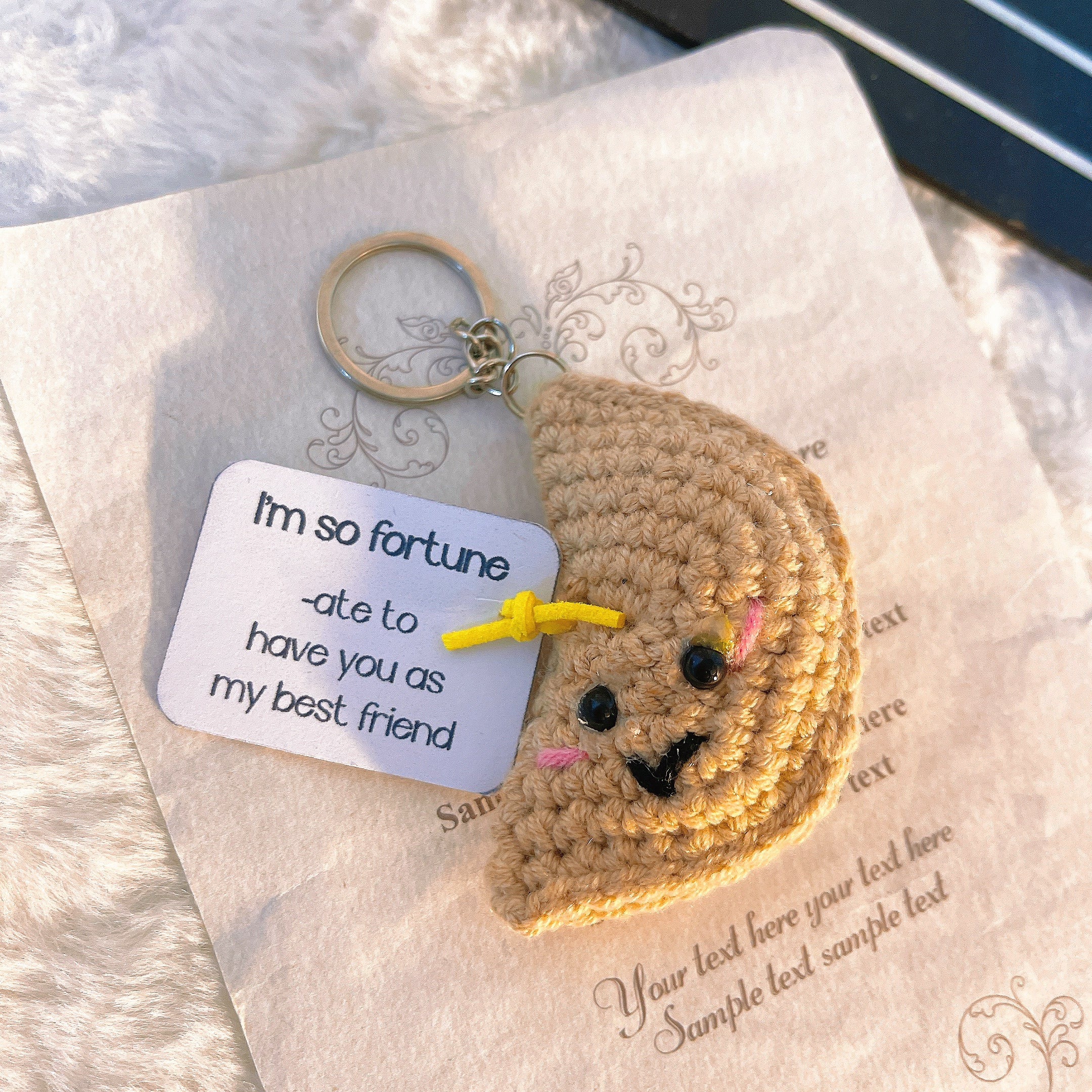 Lucky Fortune Cookie Keychain with Customizable Card - Handmade Crochet Uplifting Emotional Supportive Gift for Best Friend, Birthday, Coworker, Christmas Stuffers, and Special Occasions