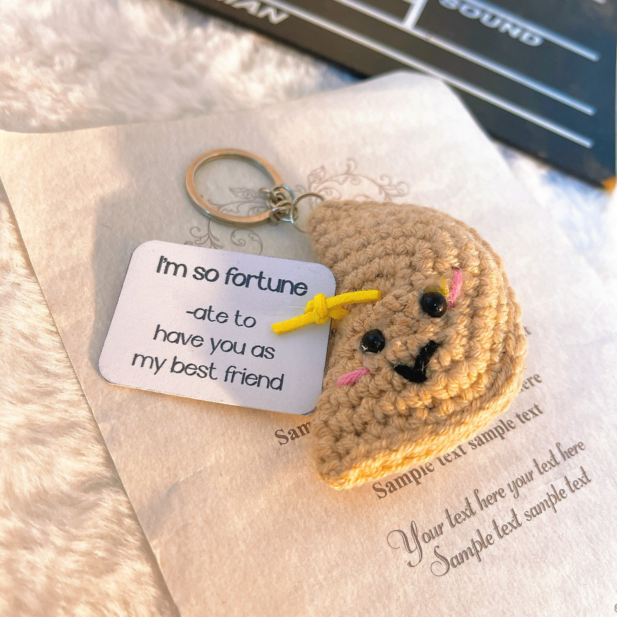 Lucky Fortune Cookie Keychain with Customizable Card - Handmade Crochet Uplifting Emotional Supportive Gift for Best Friend, Birthday, Coworker, Christmas Stuffers, and Special Occasions