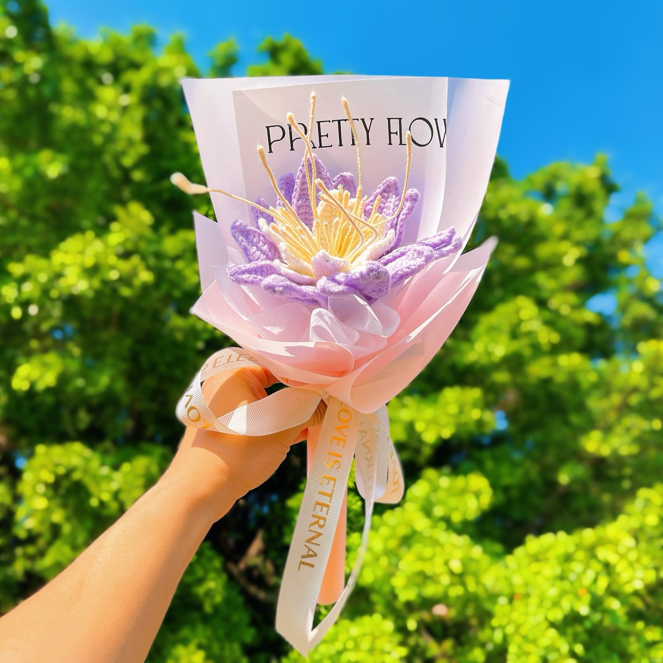 July Birth Month Purple Water Lily Bouquet - Hand-Crocheted Single Stem Birthday Flower Arrangement with Elegant Wrapping