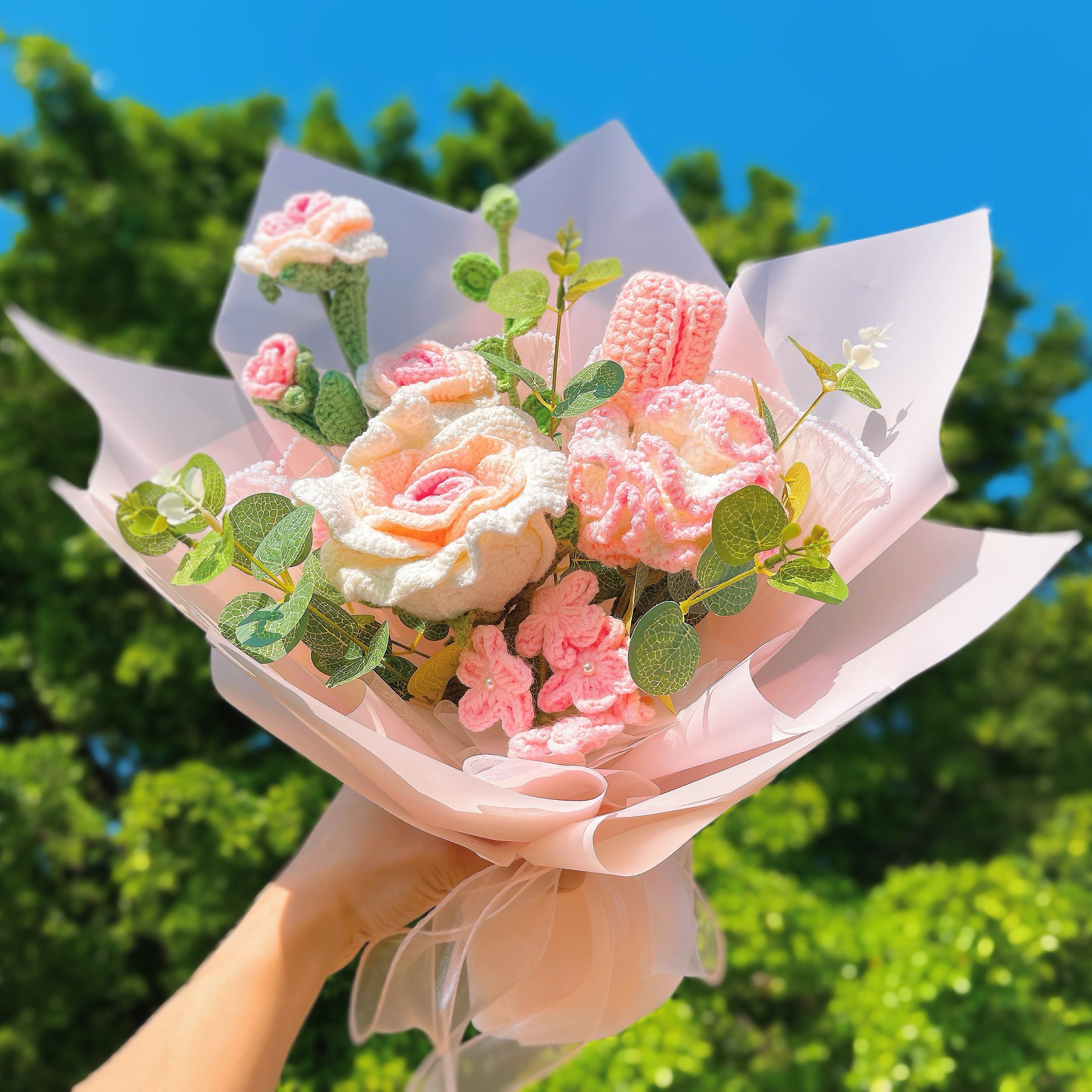 Handmade Eternal Flower Bouquet - Crochet Roses Tulips Carnations - Allergy-Free Gift for Weddings, Anniversaries, Birthdays Celebration