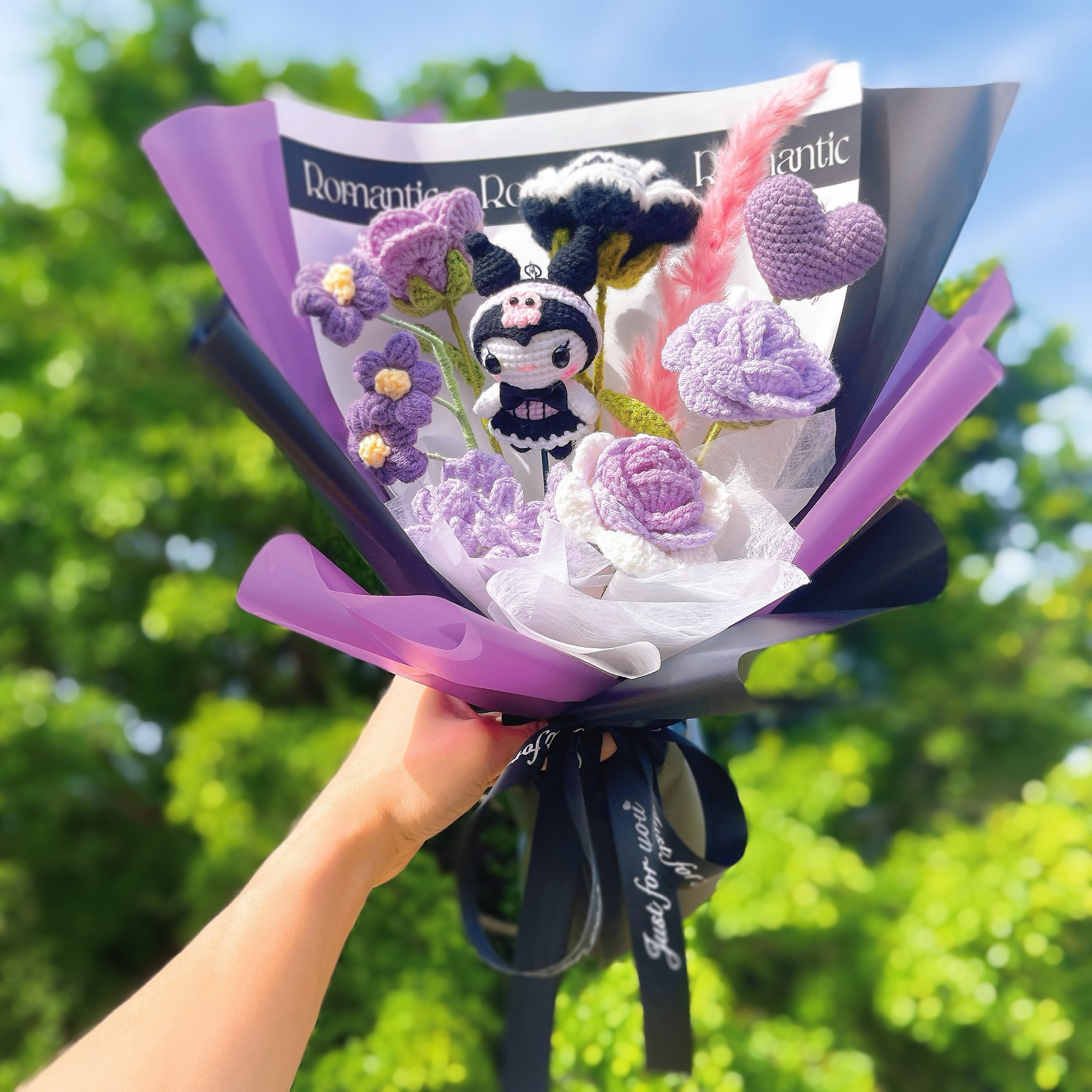 Handmade Crochet Purple Cat Theme Bouquet - Allergy-Friendly Floral Kuromi Gift for Birthdays, Anniversaries, and Special Occasions - Purple, Pink, and Black Decorative Arrangement