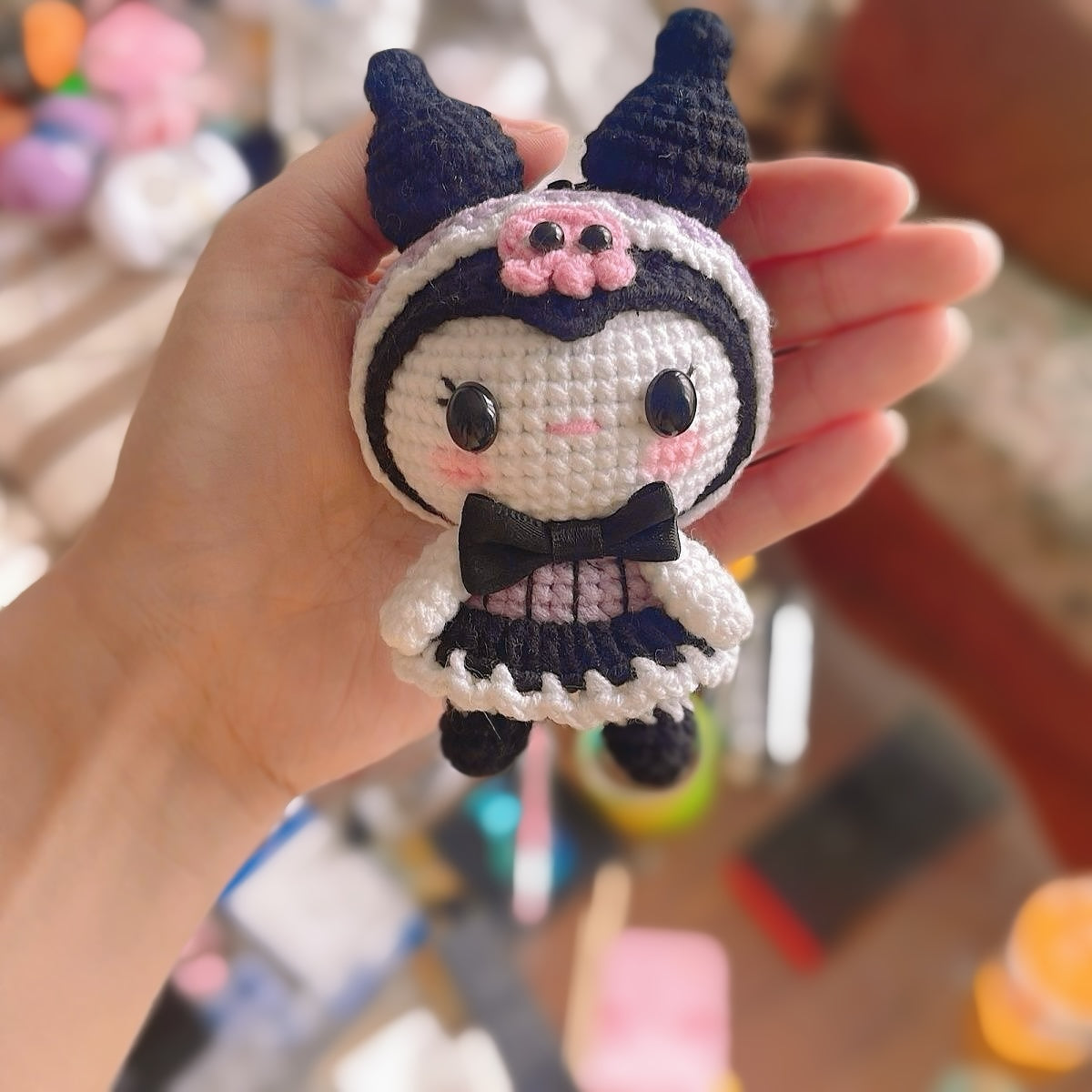 Handmade Crochet Purple Cat Theme Bouquet - Allergy-Friendly Floral Kuromi Gift for Birthdays, Anniversaries, and Special Occasions - Purple, Pink, and Black Decorative Arrangement