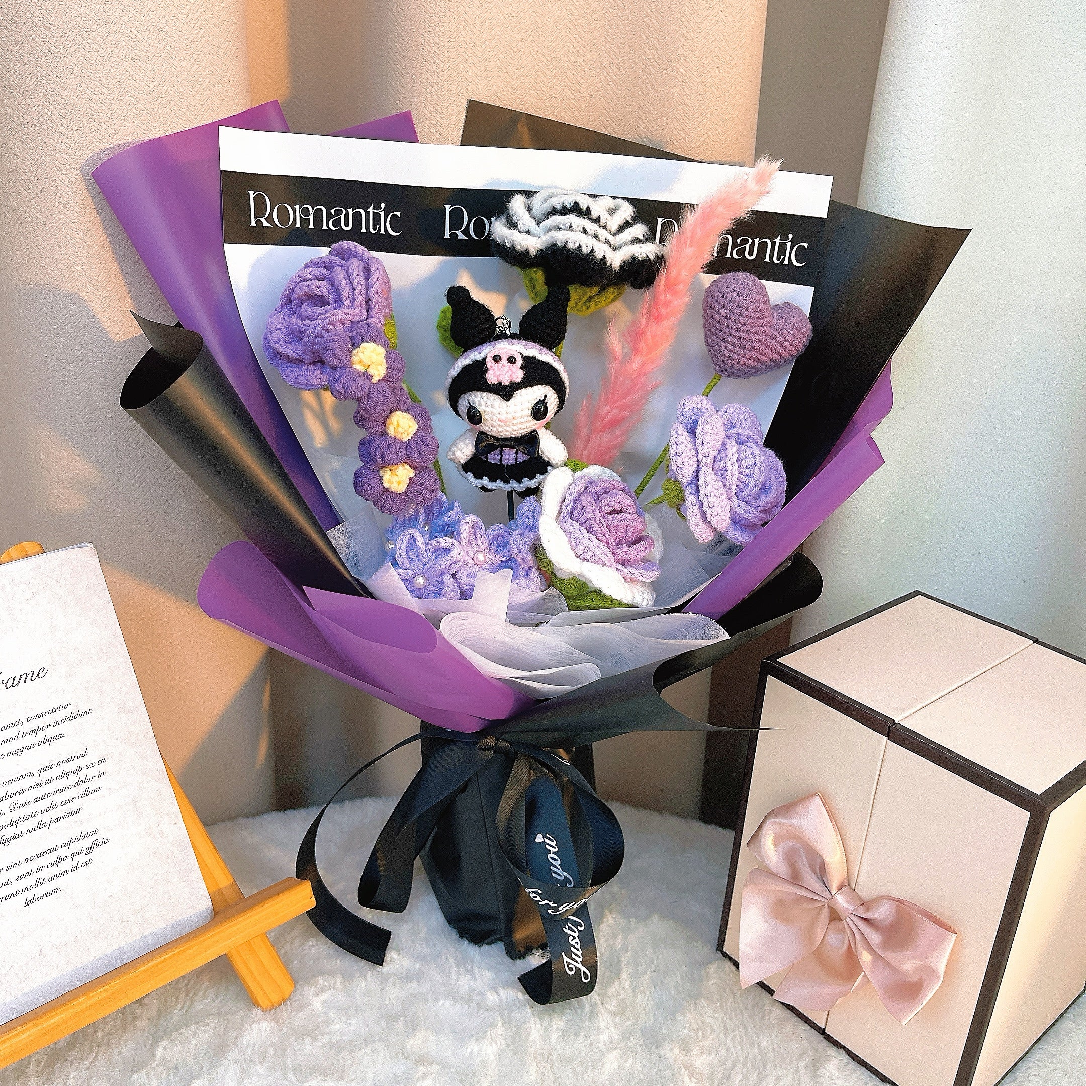 Handmade Crochet Purple Cat Theme Bouquet - Allergy-Friendly Floral Kuromi Gift for Birthdays, Anniversaries, and Special Occasions - Purple, Pink, and Black Decorative Arrangement