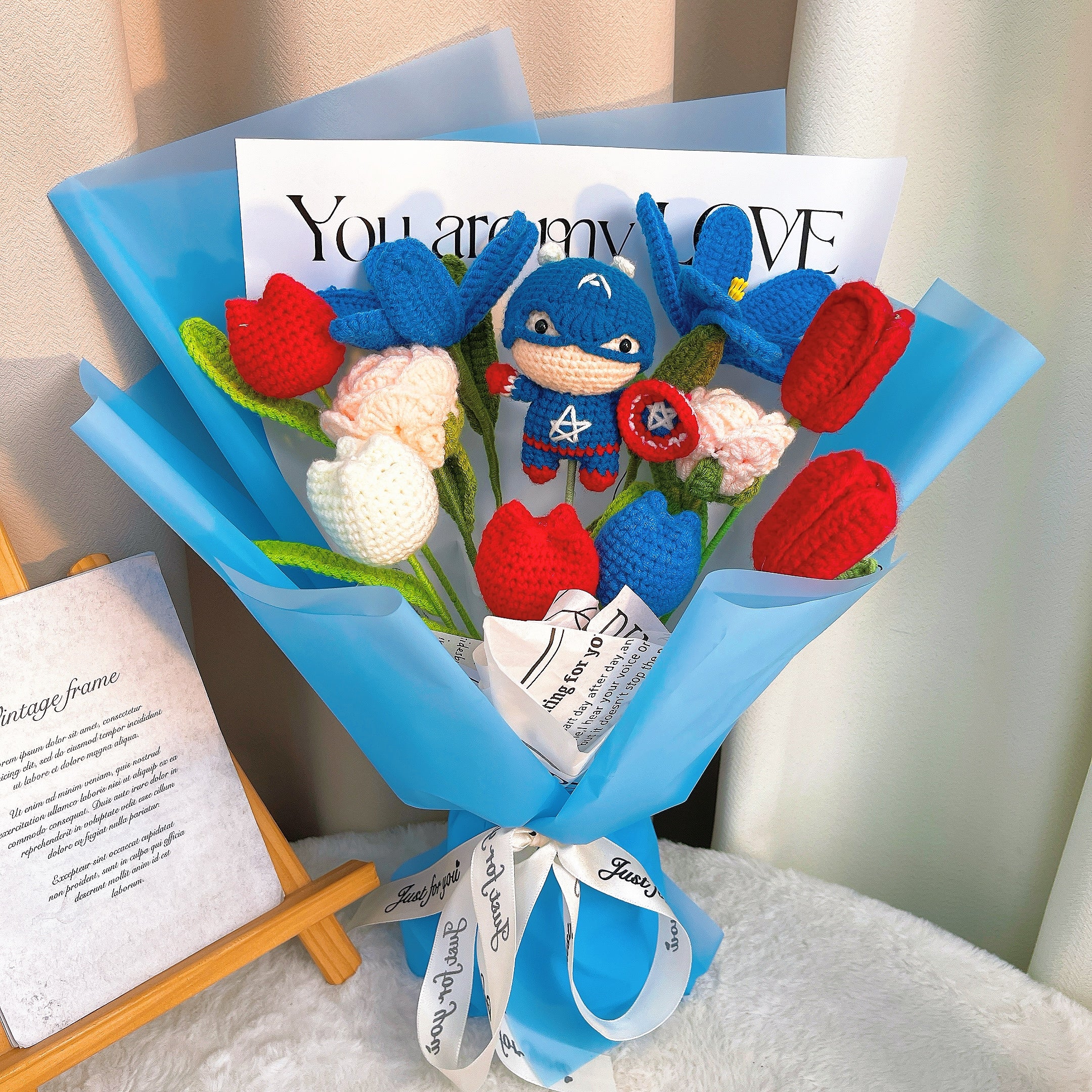 Handmade Crochet Flower Bouquet with Captain Figure - Deep Blue Tulip, Light Pink Rose, Red Long Tulip, White, Red & Deep Blue Fat Tulips - Perfect Allergy-Free Gift for All Occasions