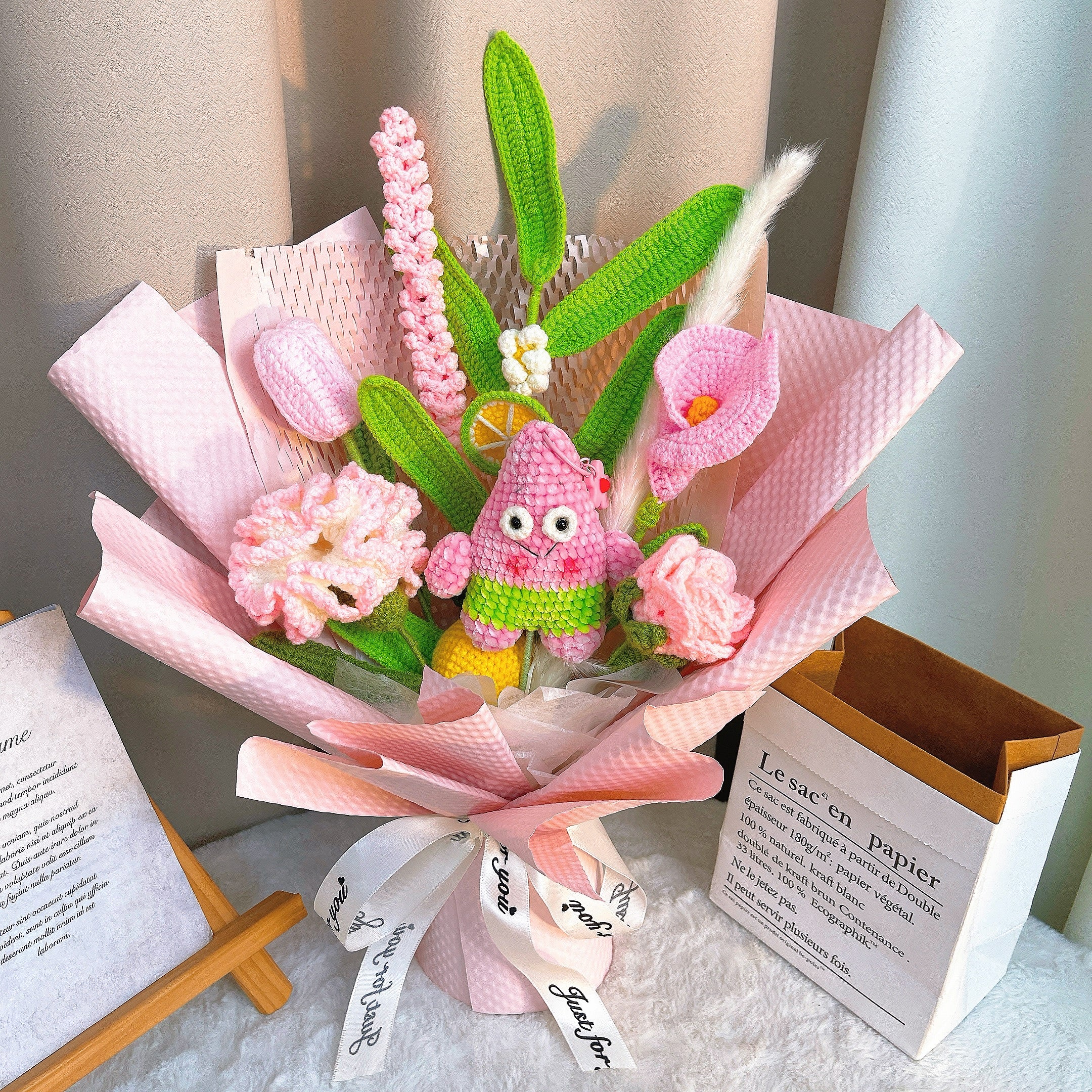 Handmade Patrick Star Themed Crochet Flower Bouquet - Calla Lily Tulip Carnation Rose – Customized Comics Floral Graduation