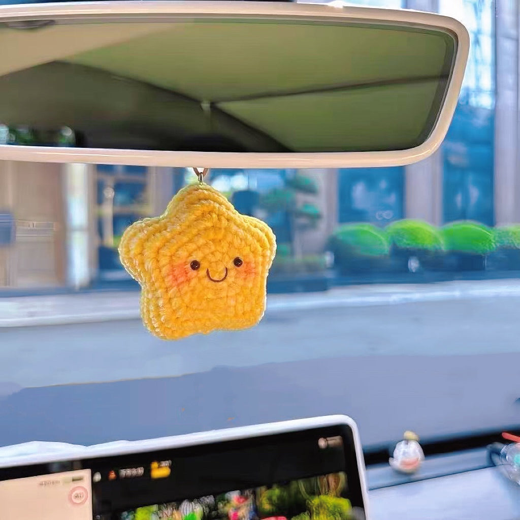 Handmade Crochet Yellow Star Car Hanging Ornament with Eyes and Mouth - Cute Rearview Mirror Decoration, Perfect for Car Accessories, Gifts, and Festive Occasions