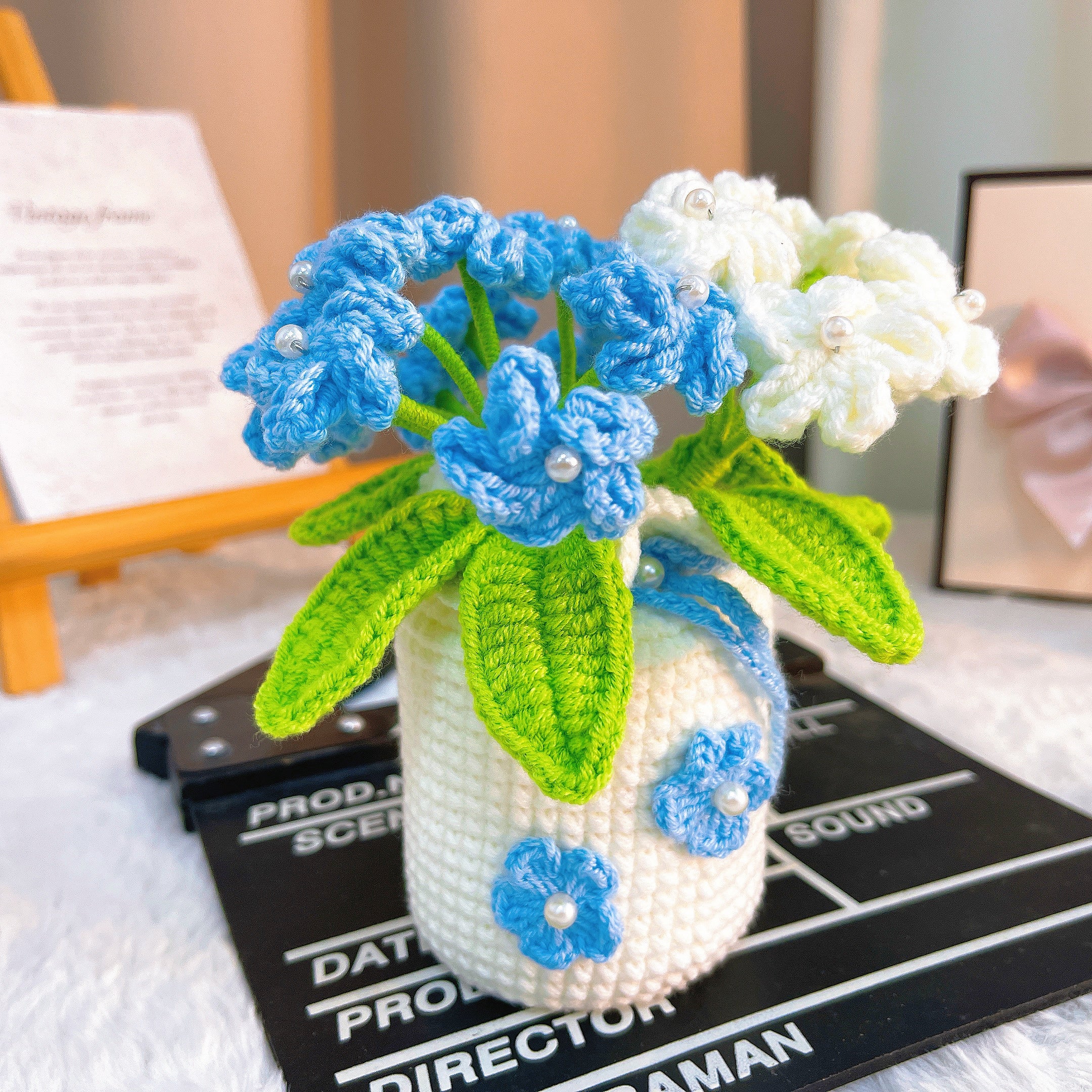 Handmade Crochet Forget-Me-Not Potted Plant -  Blue and White Decorative Flower Arrangement - Allergy-Friendly Gift for Mother's Day, Birthdays, and Special Occasions