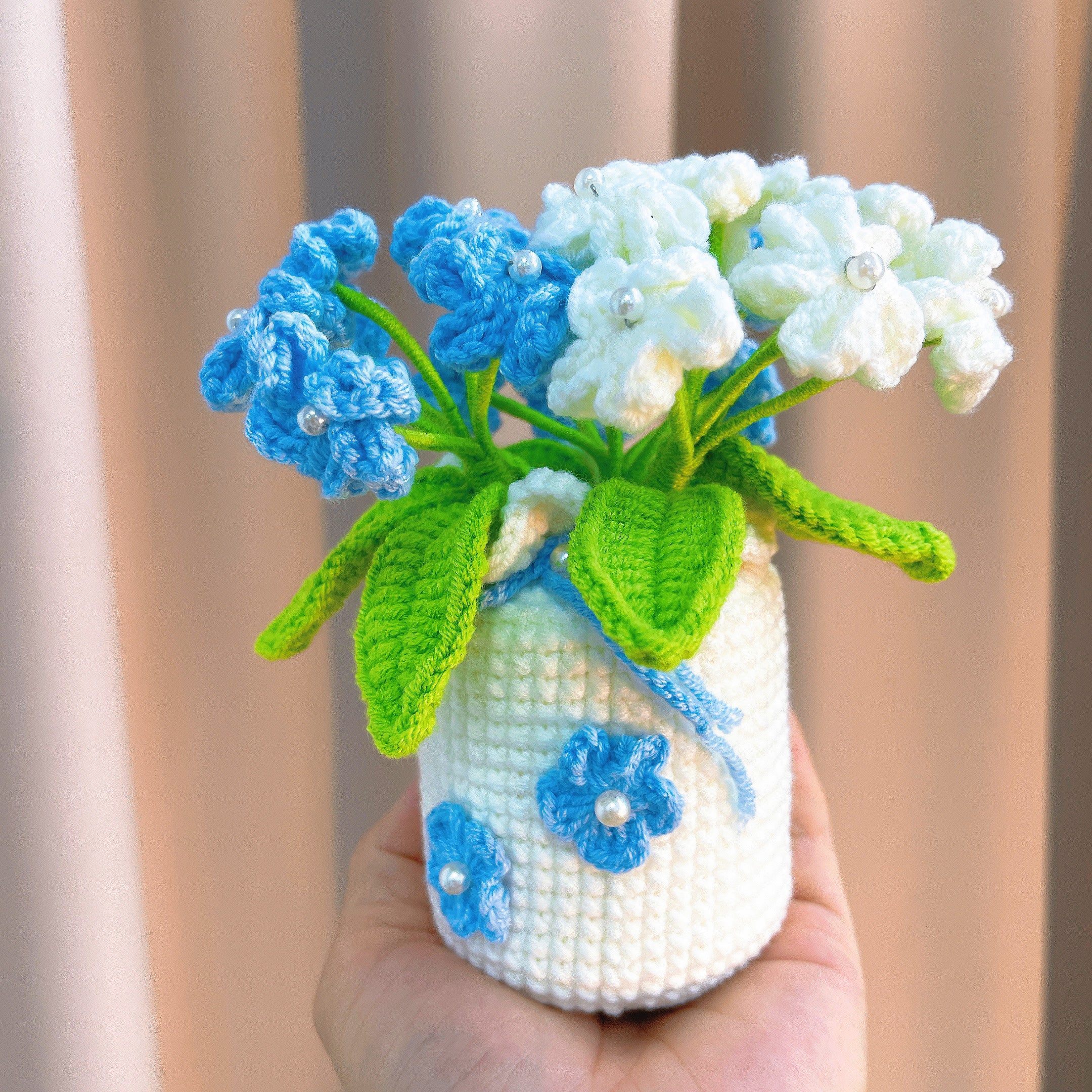 Handmade Crochet Forget-Me-Not Potted Plant -  Blue and White Decorative Flower Arrangement - Allergy-Friendly Gift for Mother's Day, Birthdays, and Special Occasions