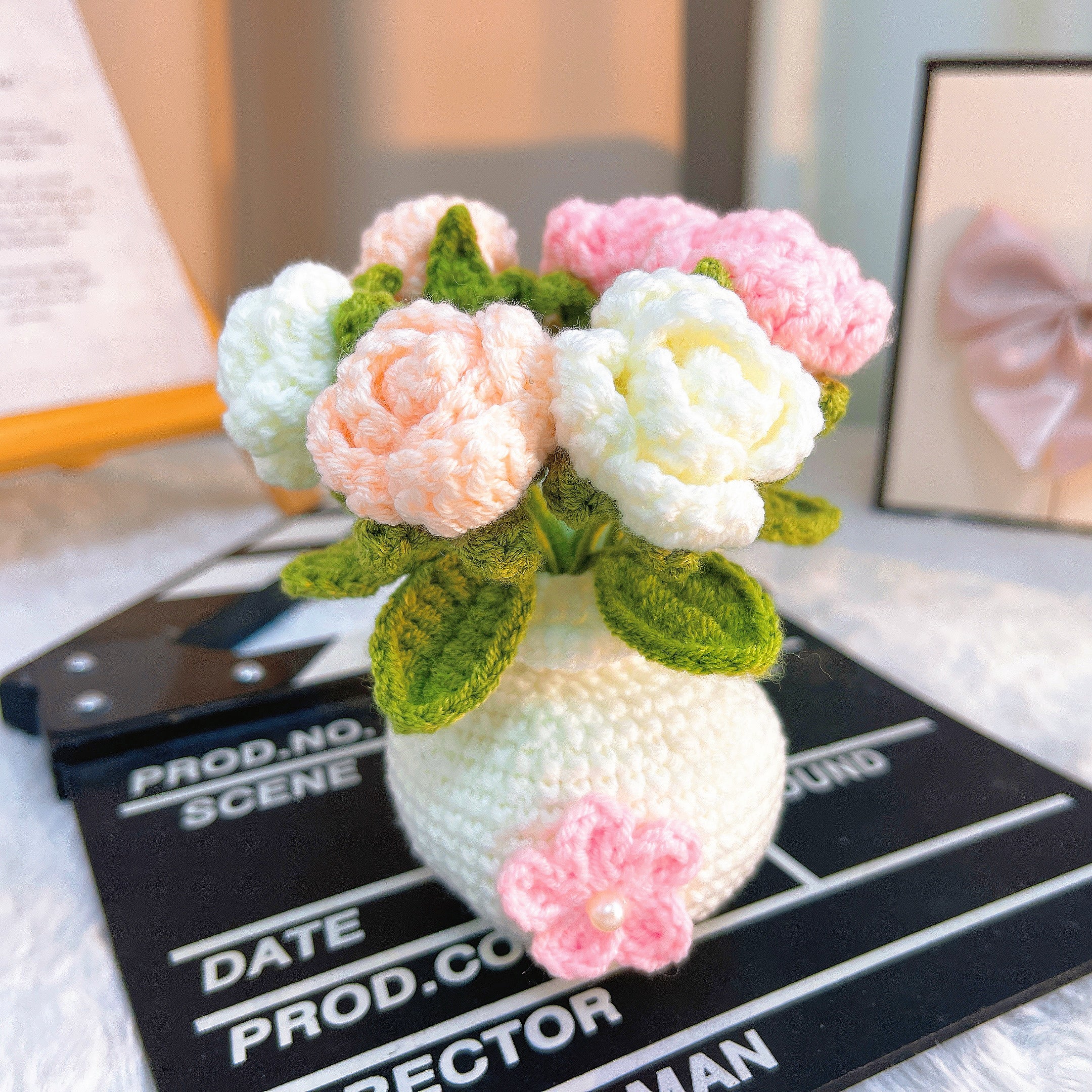 Handmade Crochet Rose Potted Plant- Pink and Deep Pink Floral Arrangement - Allergy-Friendly Gift for Valentine's Day, Anniversaries, and Special Occasions