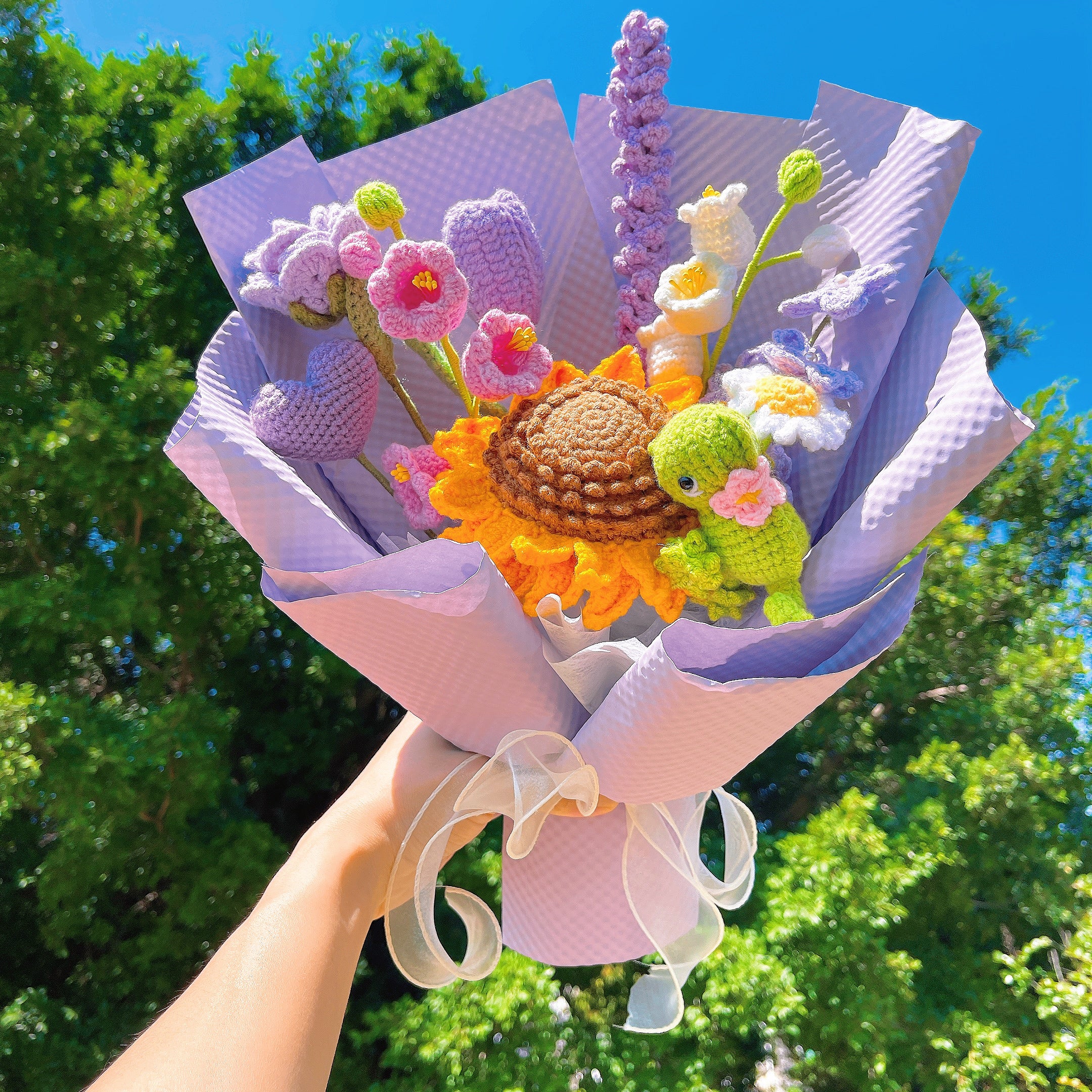 Handcrafted Purple Passion Floral Arrangement Crochet Bouquet with Chameleon - Sunflowers, Lavender, Lilies, Chameleon, Bluebells, Forget-Me-Nots, Daisies, Tulips, Roses