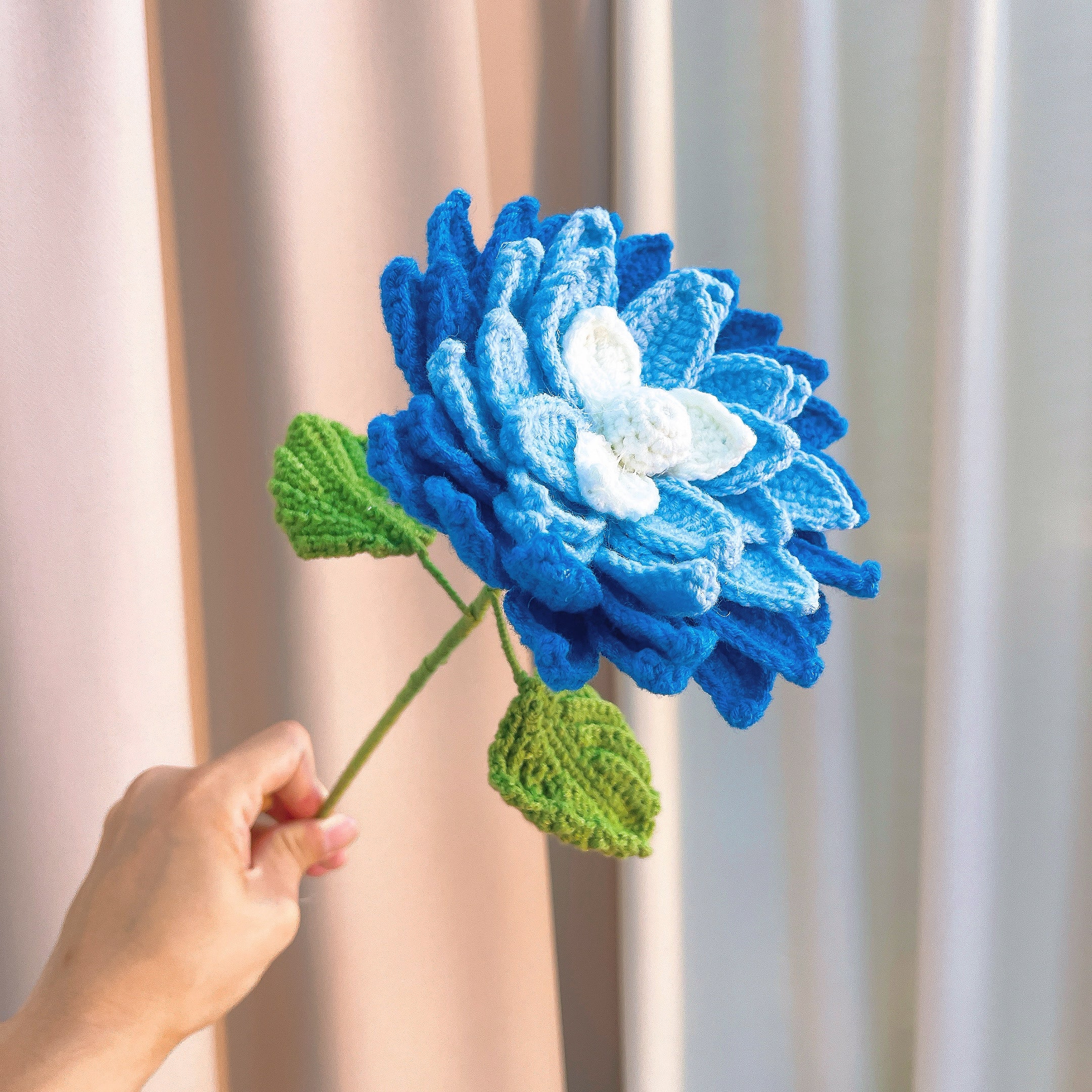 Hand Crochet Dahlia Bouquet - Hypoallergenic Artificial Pink & Blue Gradient Flowers, Gift Wrap - Allergy Free Home Decor for Wedding, Birthday, Anniversary, Mother’s Day