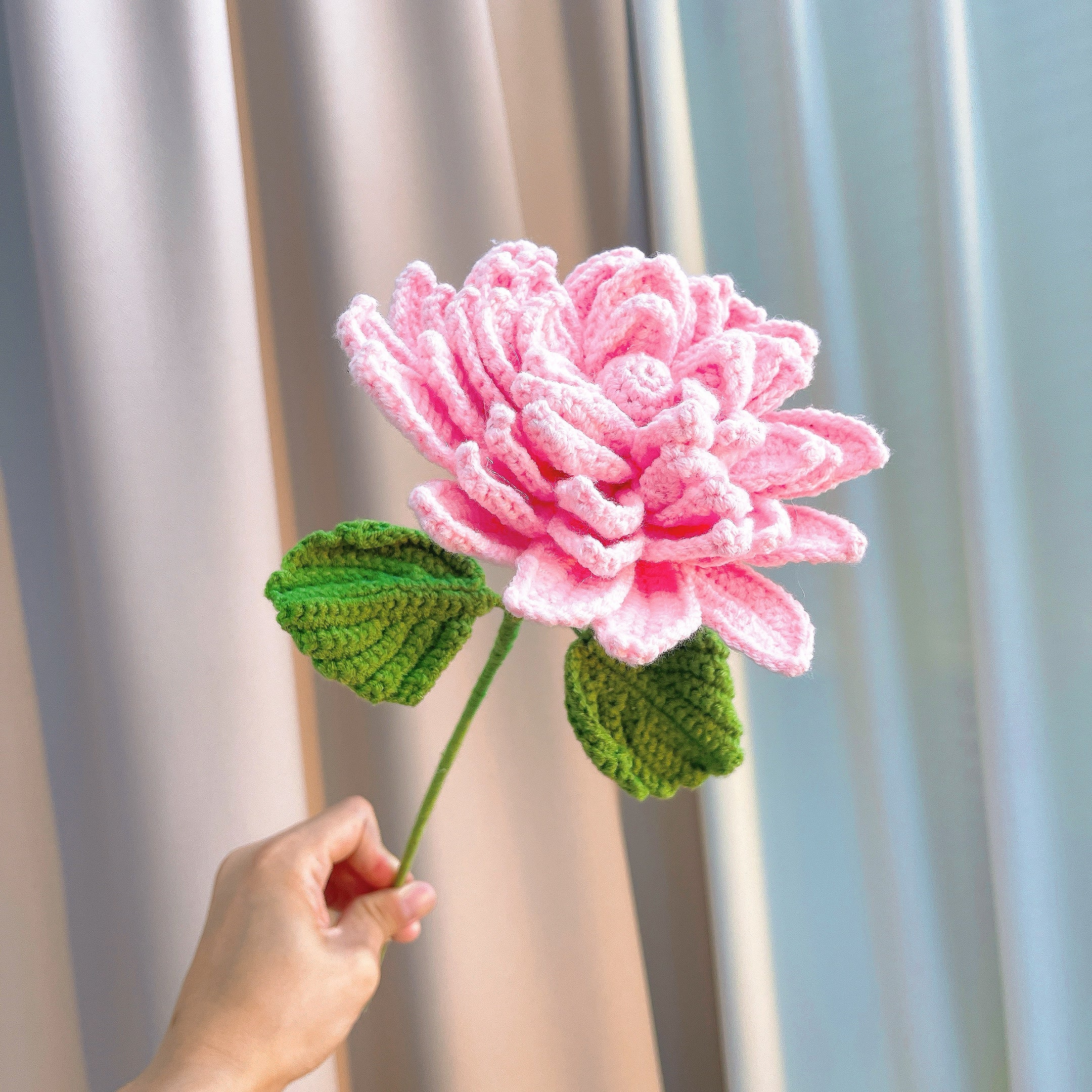 Hand Crochet Dahlia Bouquet - Hypoallergenic Artificial Pink & Blue Gradient Flowers, Gift Wrap - Allergy Free Home Decor for Wedding, Birthday, Anniversary, Mother’s Day