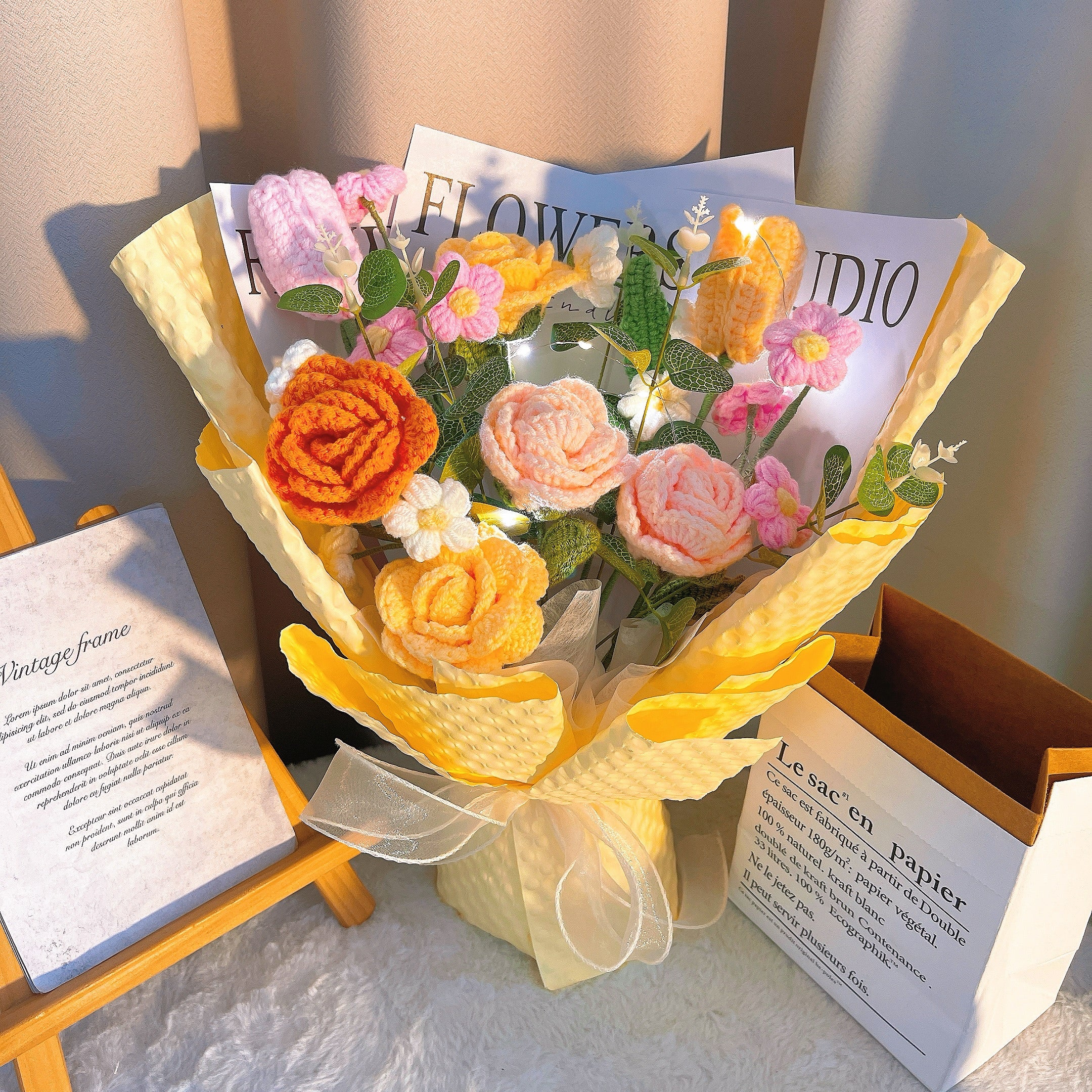Handmade Crocheted Sunshine Serenade Bouquet with Puffs and Tulips - Gorgeous Gift for Special Occasions