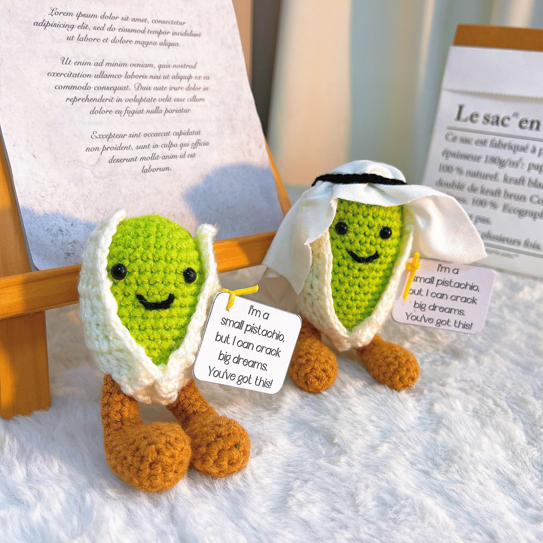 Handmade Crochet Pistachio Prince Plushie –Knitted Nut Doll Inspirational Message Card, Customizable Birthday Gift, Christmas, Graduation, Baby Shower