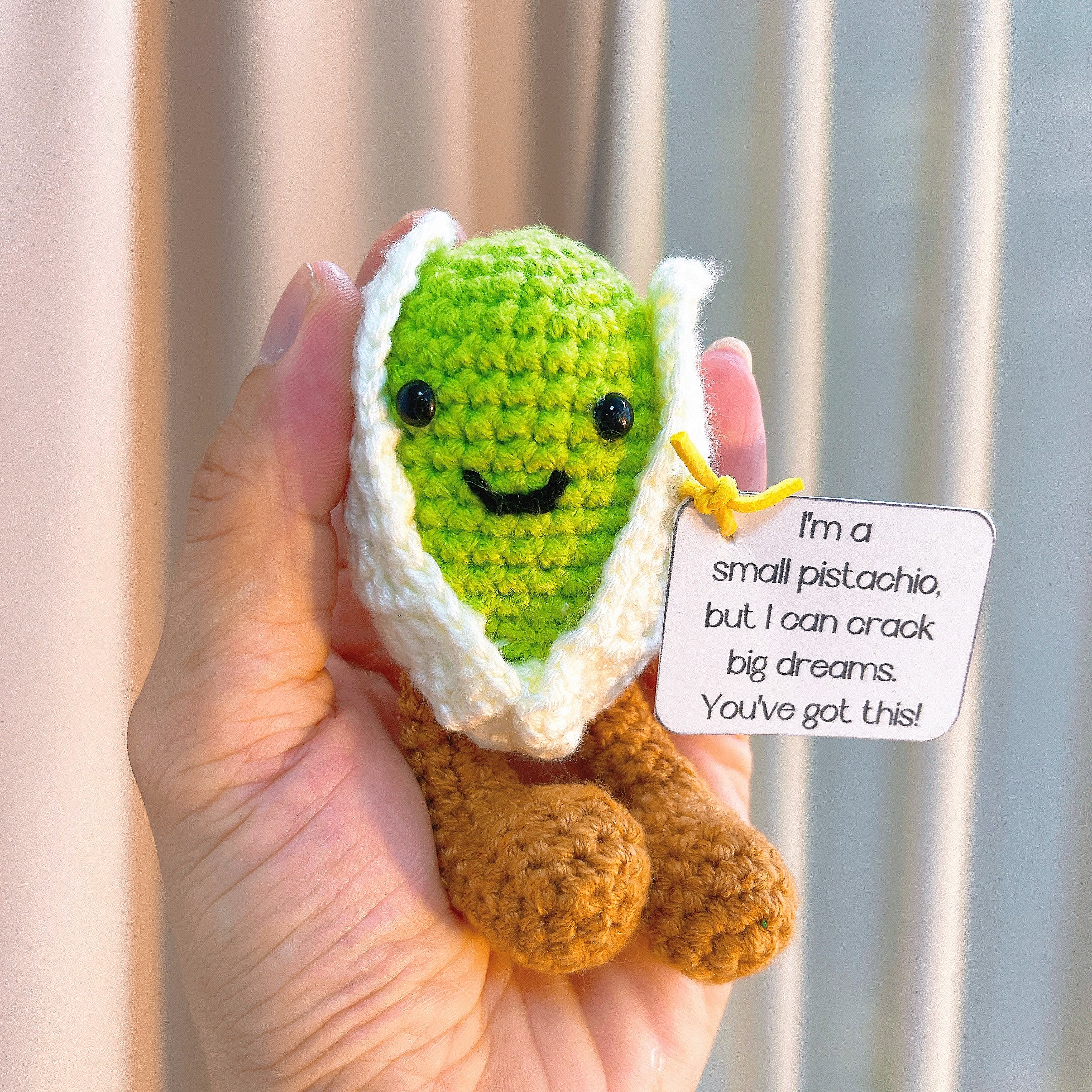 Handmade Crochet Pistachio Prince Plushie –Knitted Nut Doll Inspirational Message Card, Customizable Birthday Gift, Christmas, Graduation, Baby Shower