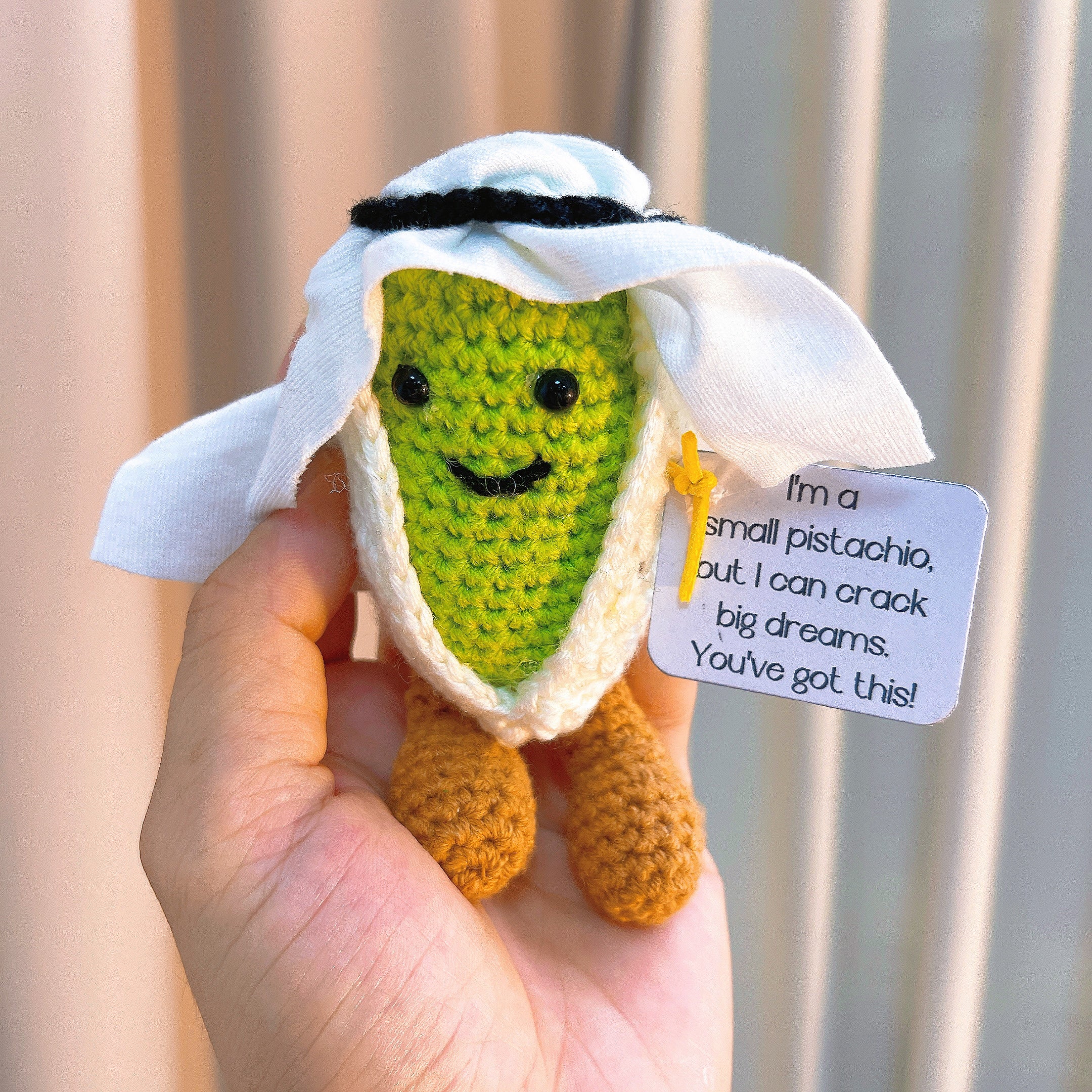 Handmade Crochet Pistachio Prince Plushie –Knitted Nut Doll Inspirational Message Card, Customizable Birthday Gift, Christmas, Graduation, Baby Shower