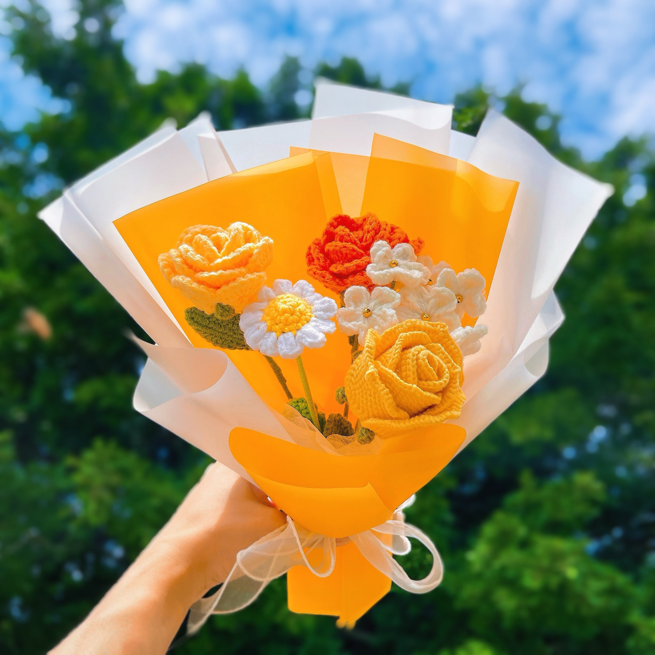 Hanaya Series Handmade Crochet Sunflower Bouquet with Sunshine Color Roses – Ready-to-Gift Allergy Free Artificial Flowers