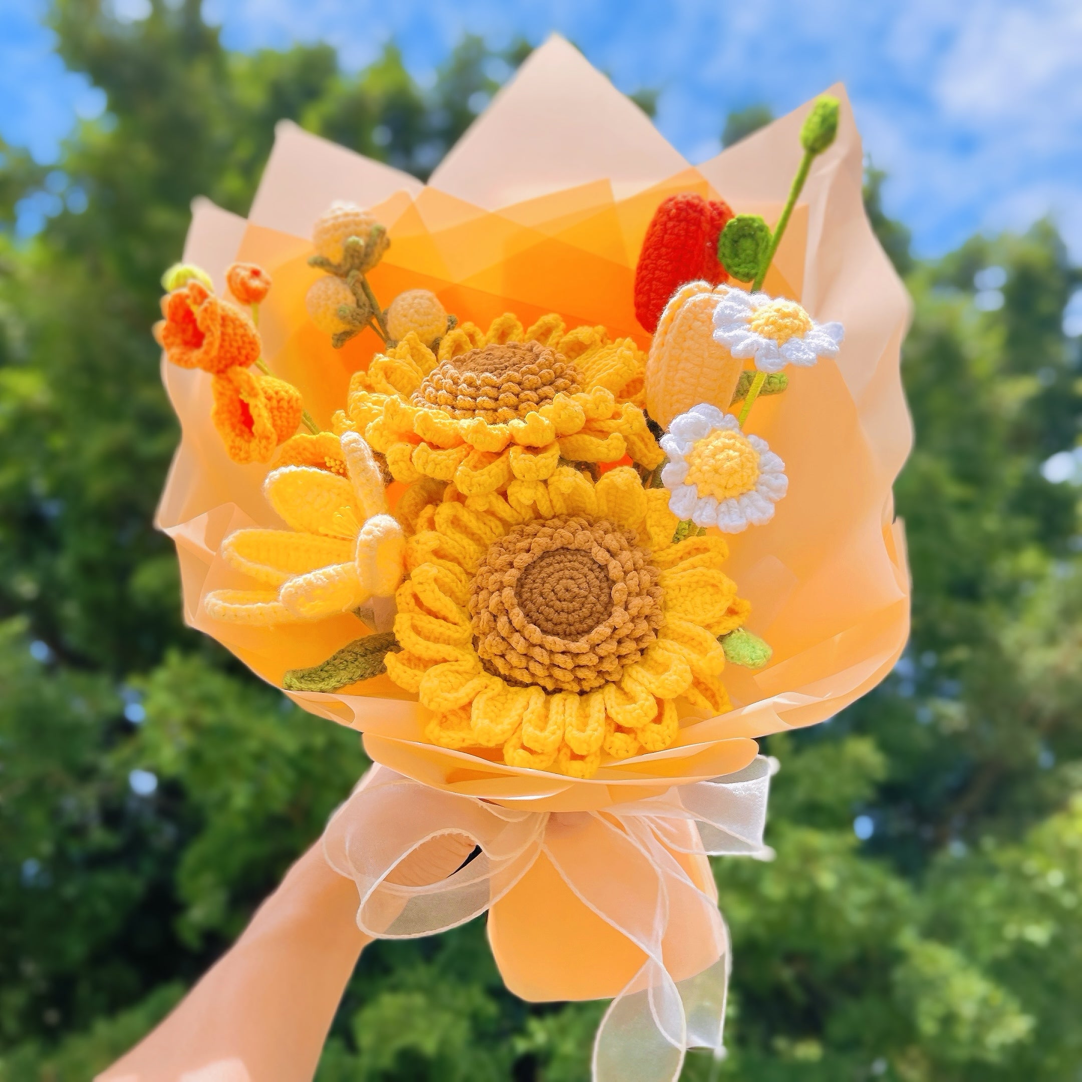 Hanaya Series Handmade Crochet Sunflower Bouquet with Yellow & Orange Tulips - Hypoallergenic Hayfever Everlasting Ready-to-Gift Floral