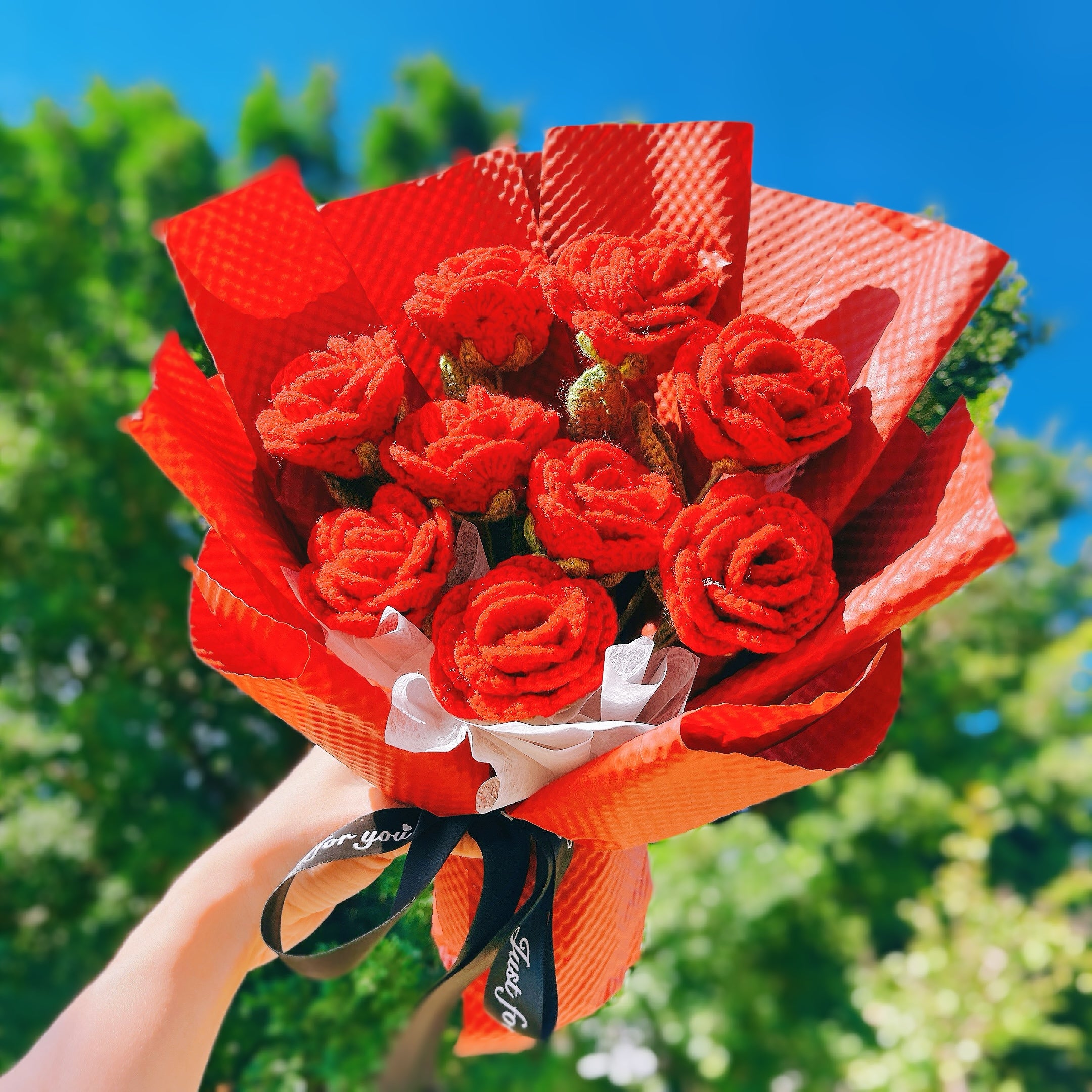 Handmade Crocheted Radiant Wealth Bouquet of 9 Red Roses - Gorgeous Gifts for Any Occasion