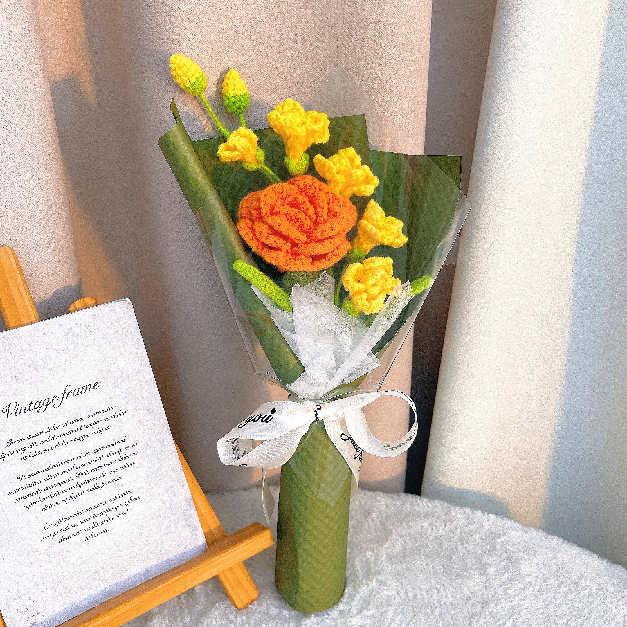 Golden Sunshine Crochet Cornflower & Rose Bouquet - Handmade Freesia & Rose Arrangement, Hypoallergenic First Meeting Gift - Perfect for Summer Weddings, Housewarming & Friendship