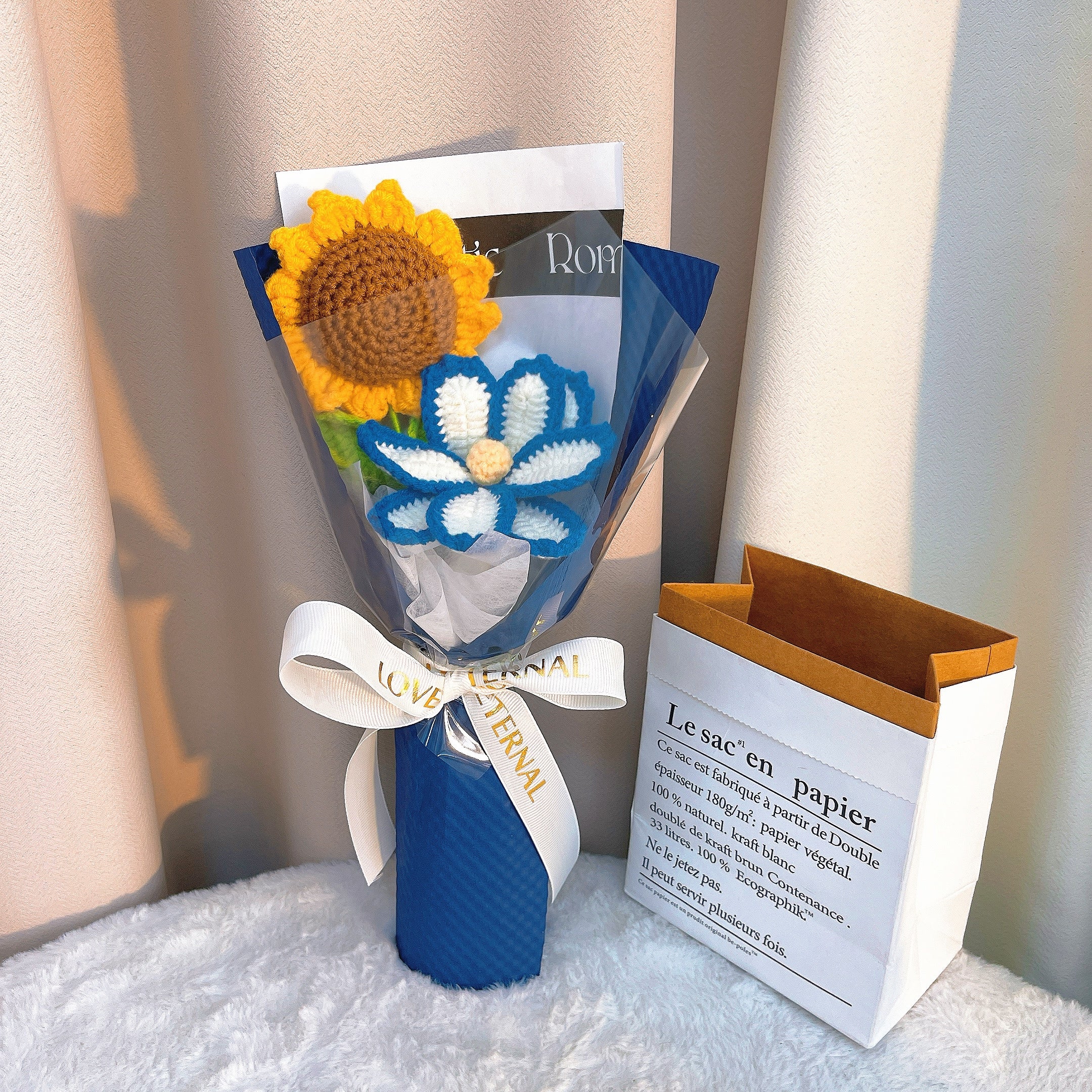 Mountain Sunshine Crochet Sunflower & Edelweiss Bouquet - Handmade Sunflower & Alpine Flower Arrangement, Hypoallergenic First Meeting Gift - Perfect for Graduations, Housewarming & Friendship Gifts