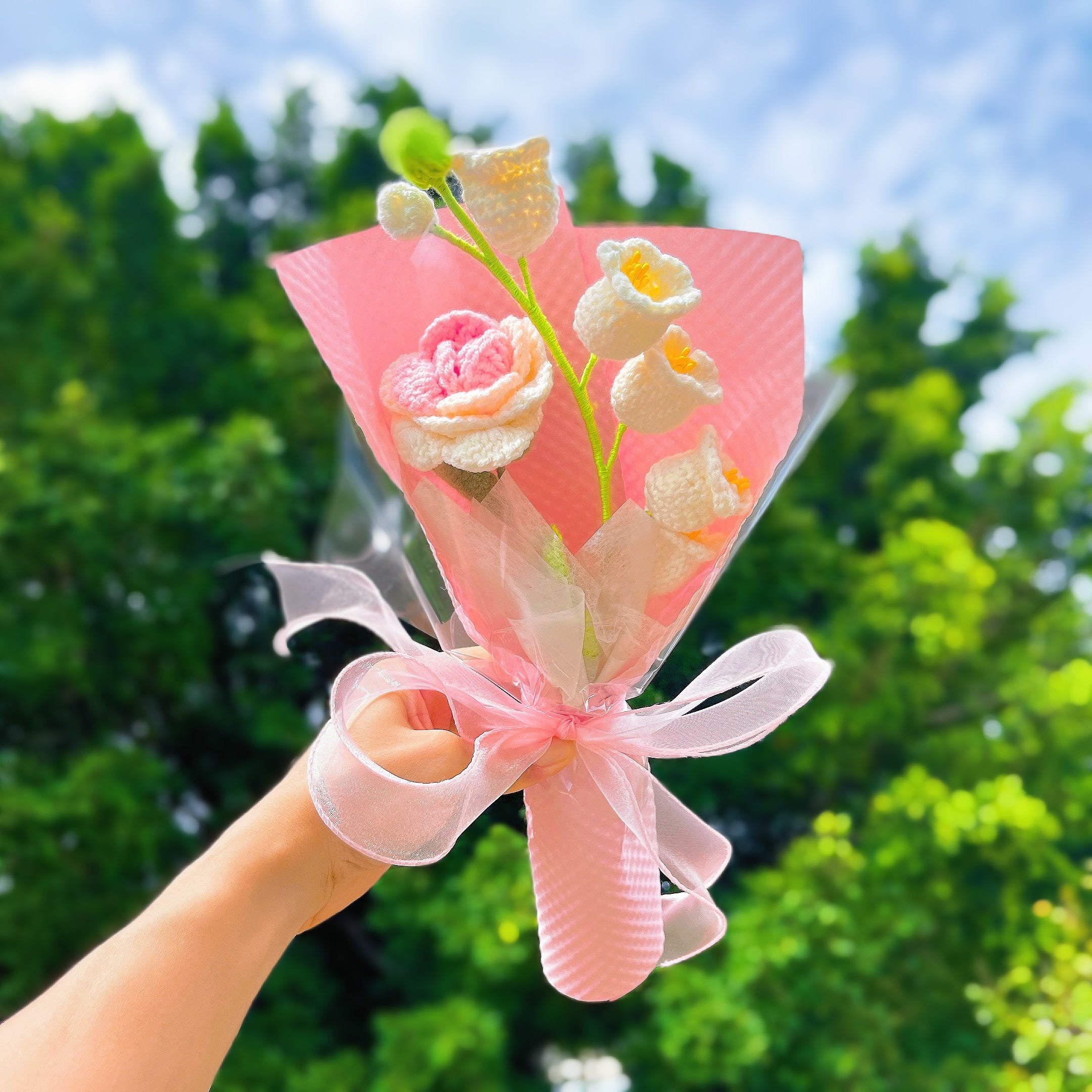 Eternal Blossoms Crochet Flower Bouquet - Handmade Lily of the Valley &  Rose, Hypoallergenic First Meeting Gift in Pink Plaid Wrapping- Perfect for Weddings, Anniversaries & Romantic Occasions