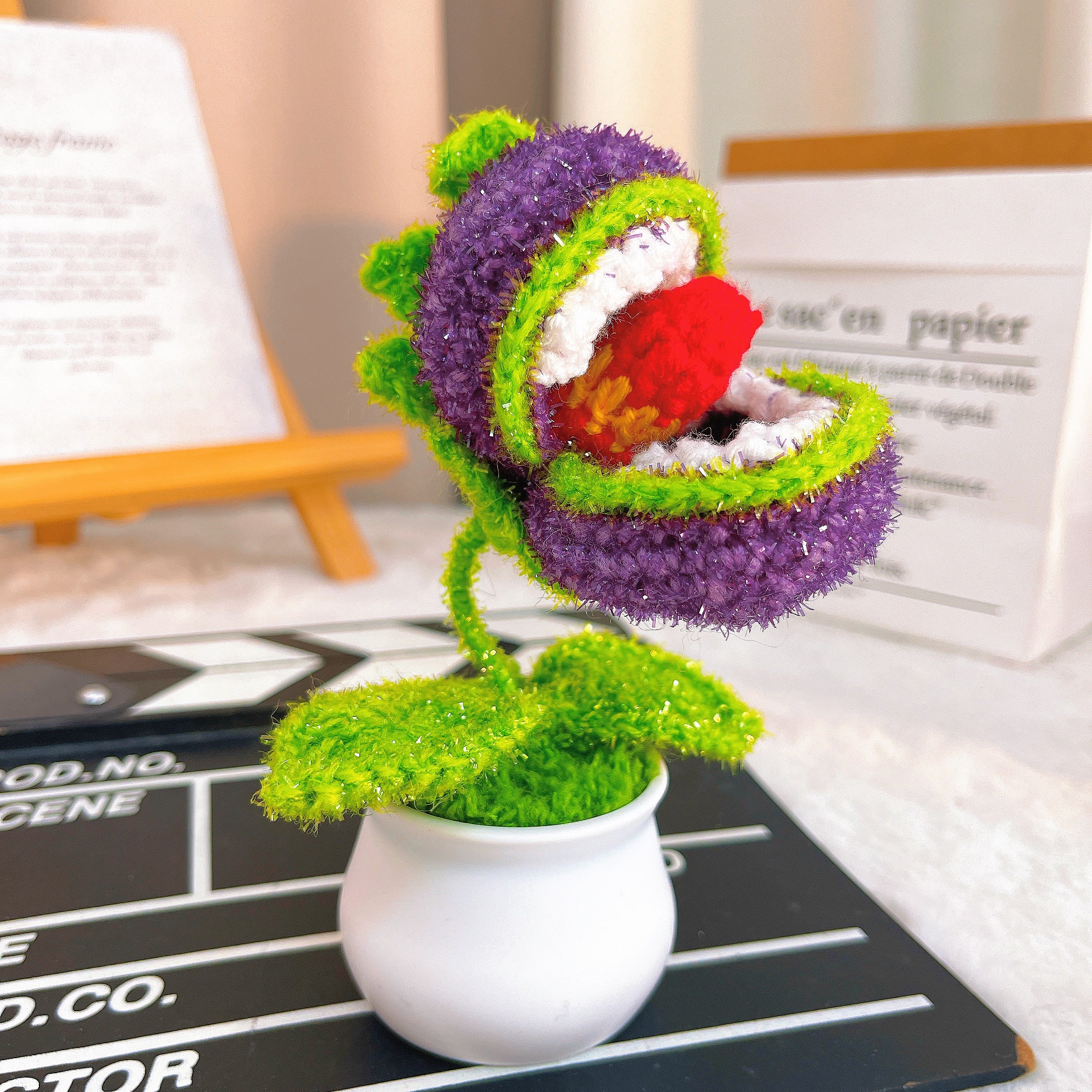 Handmade Crochet Piranha Plant Planter - Purple & Red-Yellow Tongue Potted Piranha Flower with Leaves, White Plastic Pot, Hypoallergenic Desk Decor for Gamers, Halloween & Unique Gifts