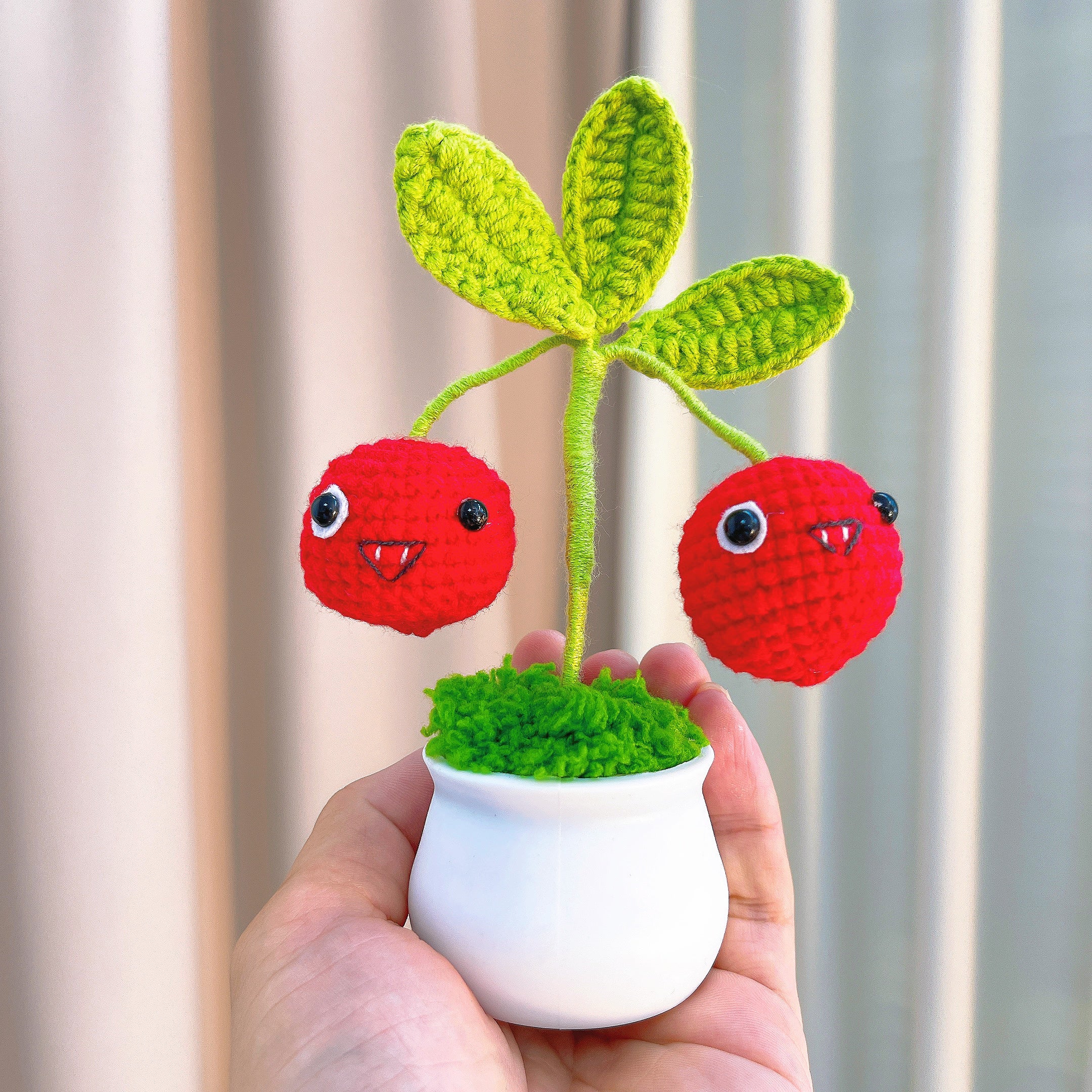 Handmade Crochet Cherry Bomb Planter - Red Explosive Cherry with Green Leaves, Cute Face & Twin Cherries, White Plastic Pot, Hypoallergenic Desk Decor for Gamers, Kids & Unique Gifts